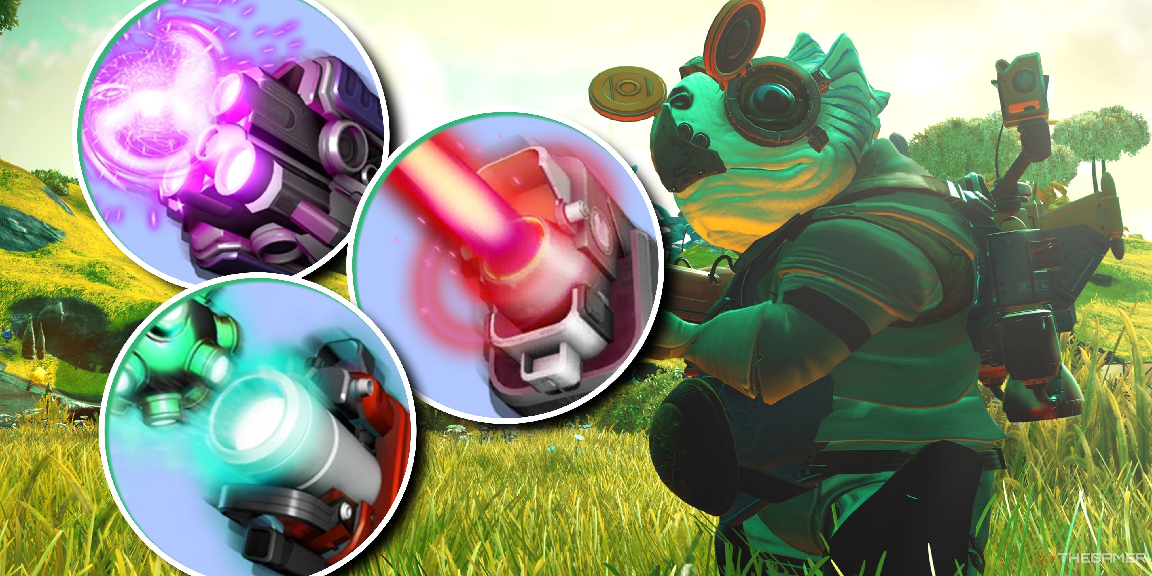 Cover image for All No Man's Sky Multi-Tool Weapons Ranked, featuring a Gek holding a multi-tool and several weapon icons.