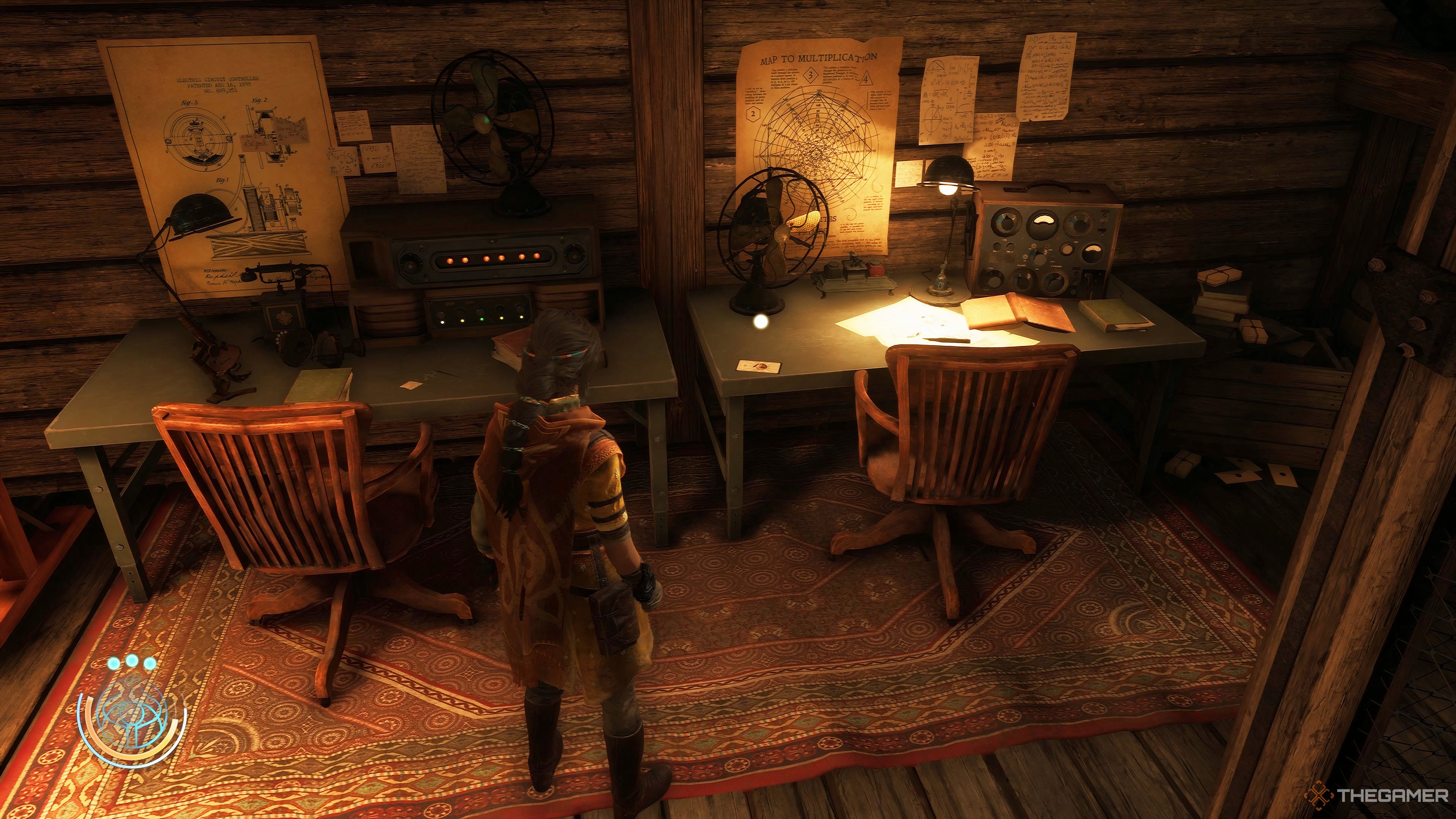Haroona standing by an Ascension Card on a table next to a fan in Unknown 9: Awakening.
