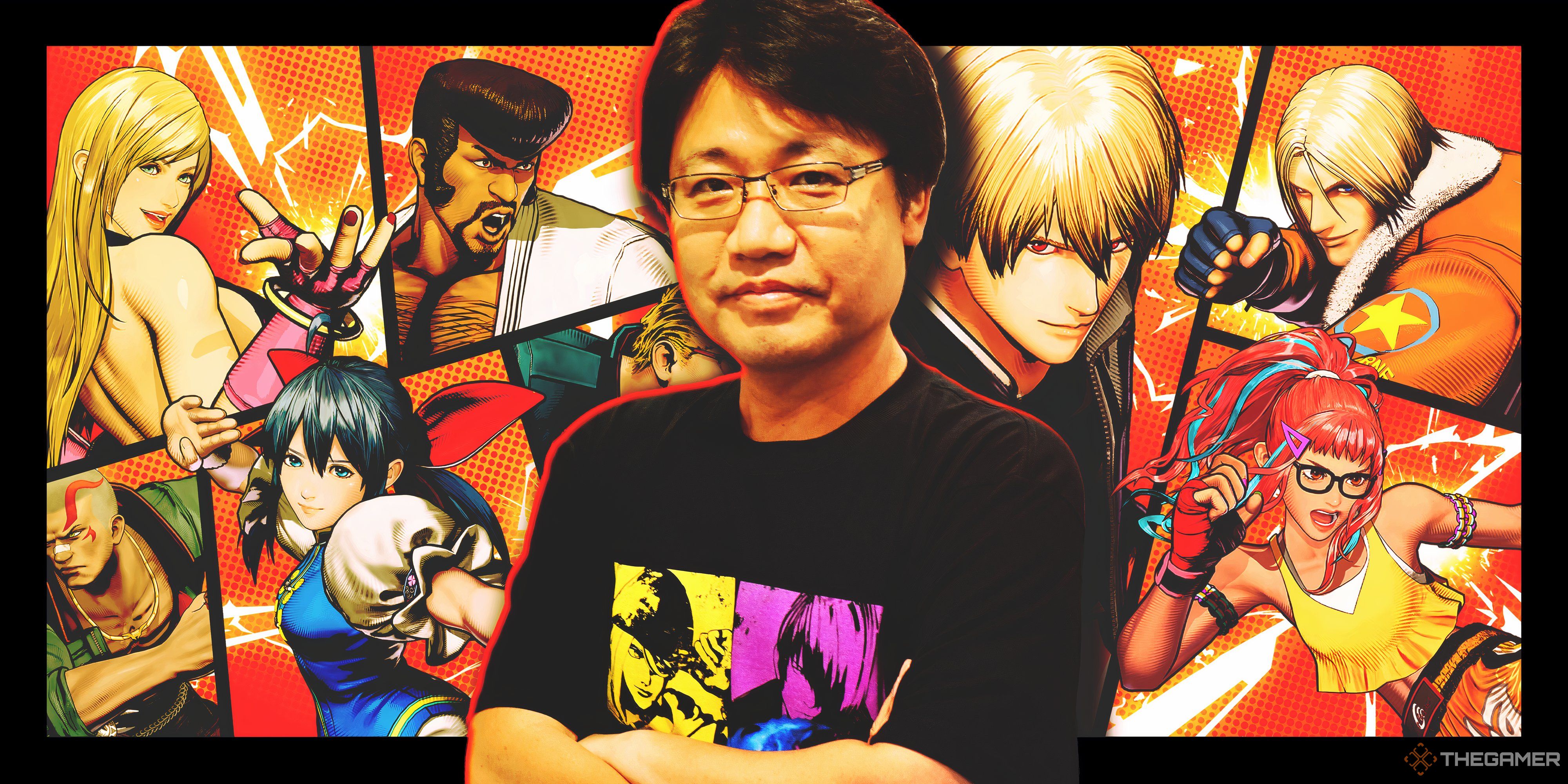 Fatal Fury producer Oda-san in front of city of the wolves backdrop