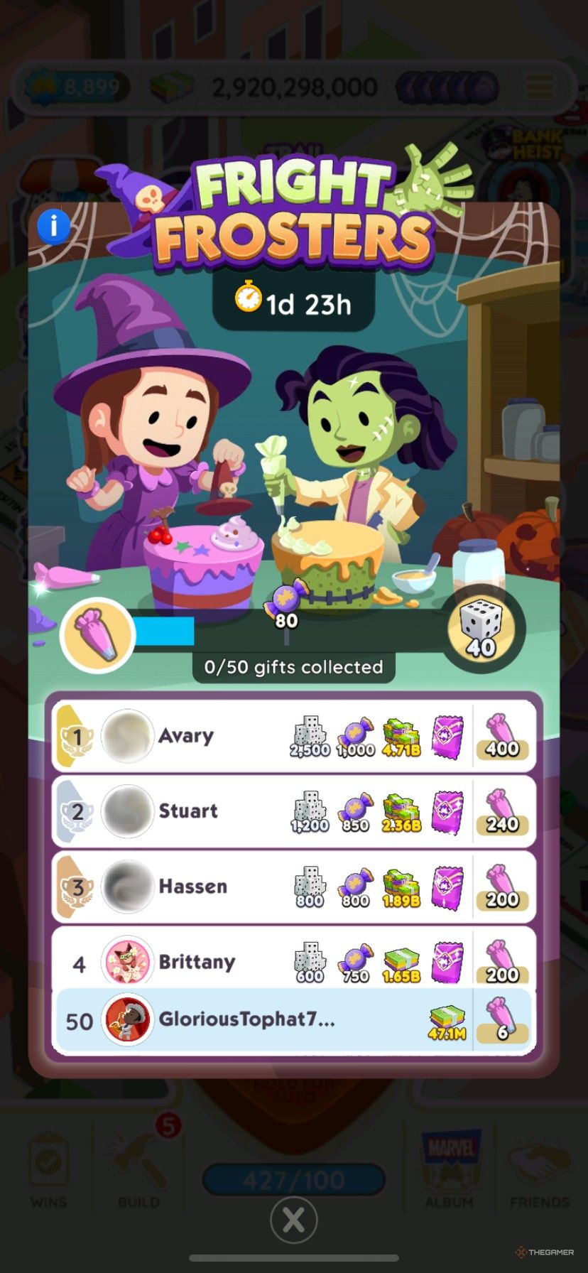 تابلوی امتیازات در طول مسابقات Fright Frosters در Monopoly Go که جوایز بازیکنان برتر از جمله یک بسته برچسب بنفش و حداکثر 1000 توکن Scary Cake Partners را نشان می‌دهد.