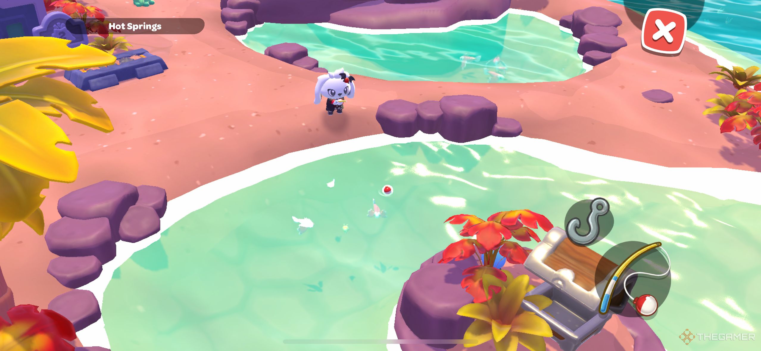 A player fishing at the hotsprings in Hello Kitty Island Adventure.