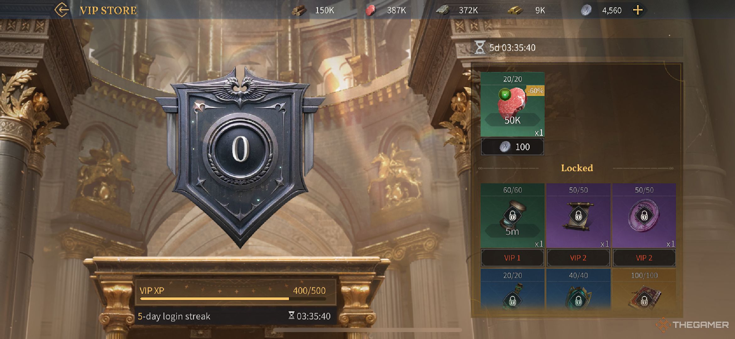 A player looking at a level 0 VIP store.