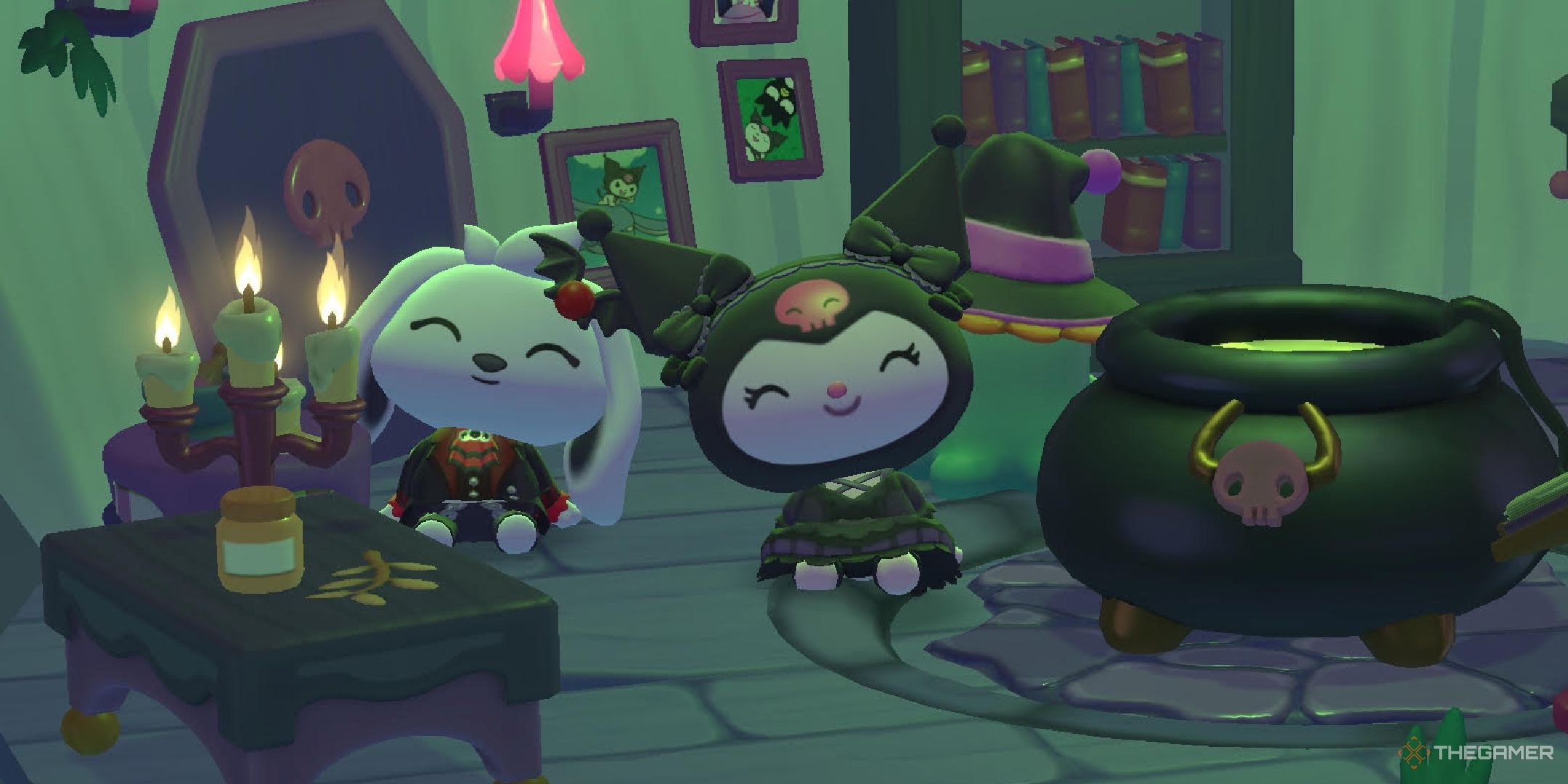 A player sitting next to Kuromi in the potion making house in Hello Kitty Island Adventure