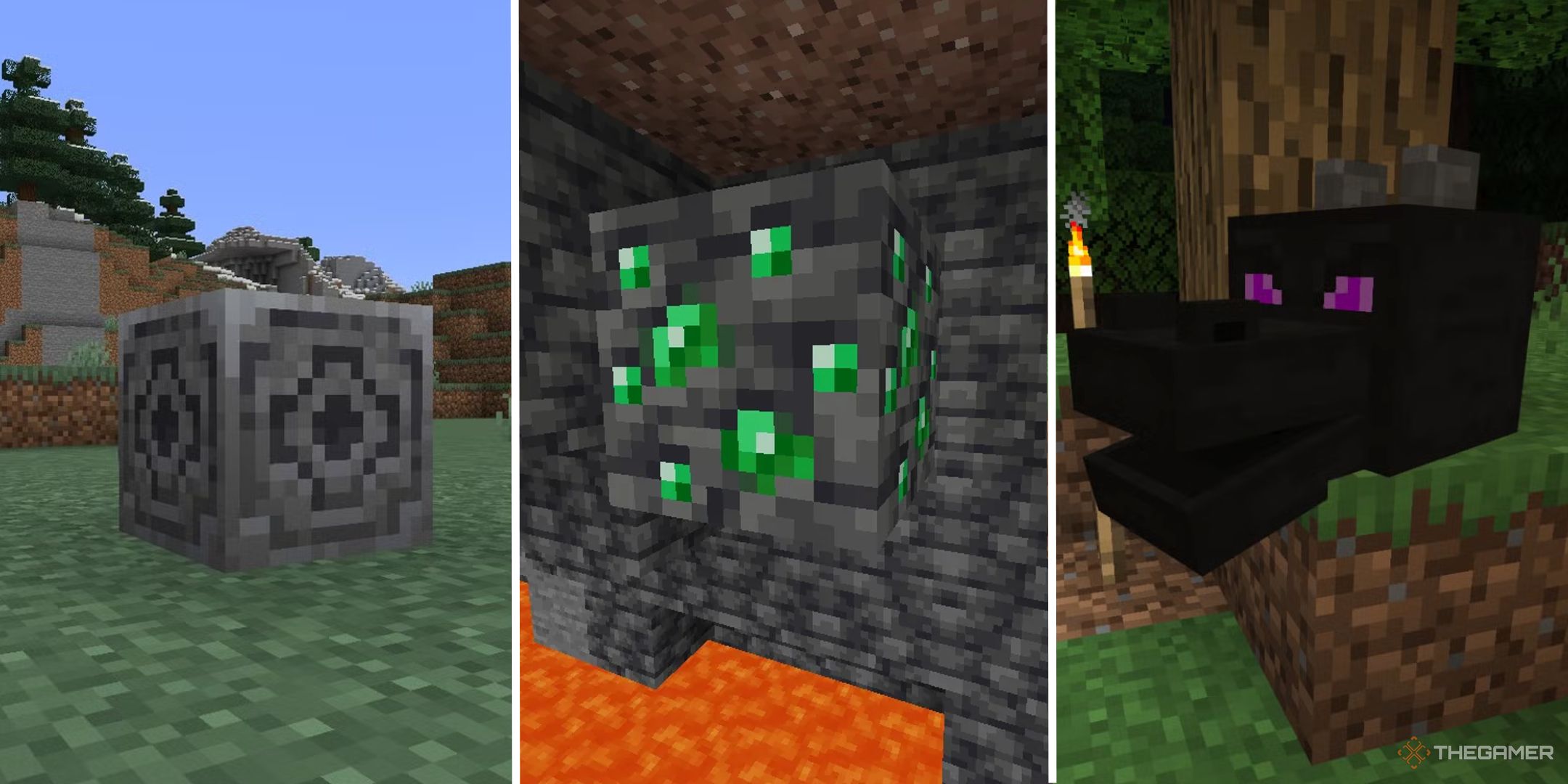 A split image showing a lodestone, deepslate emerald block, and dragon head.