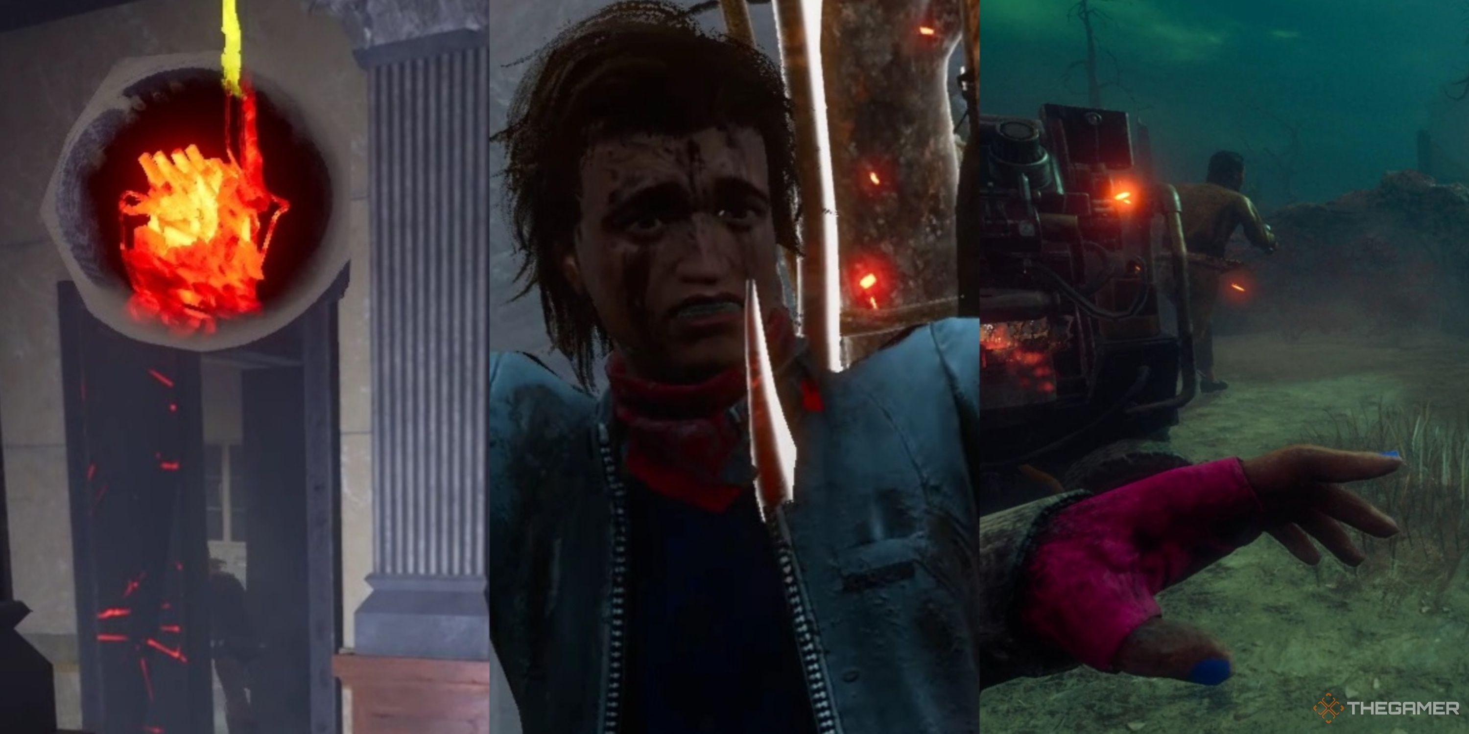 An explosion bubble over a yellow generator, Steve from Stranger Things getting thrown on a hook, the Legion's pink-gloved hand and a sparking generator while Nicolas Cage runs away in Dead by Daylight.