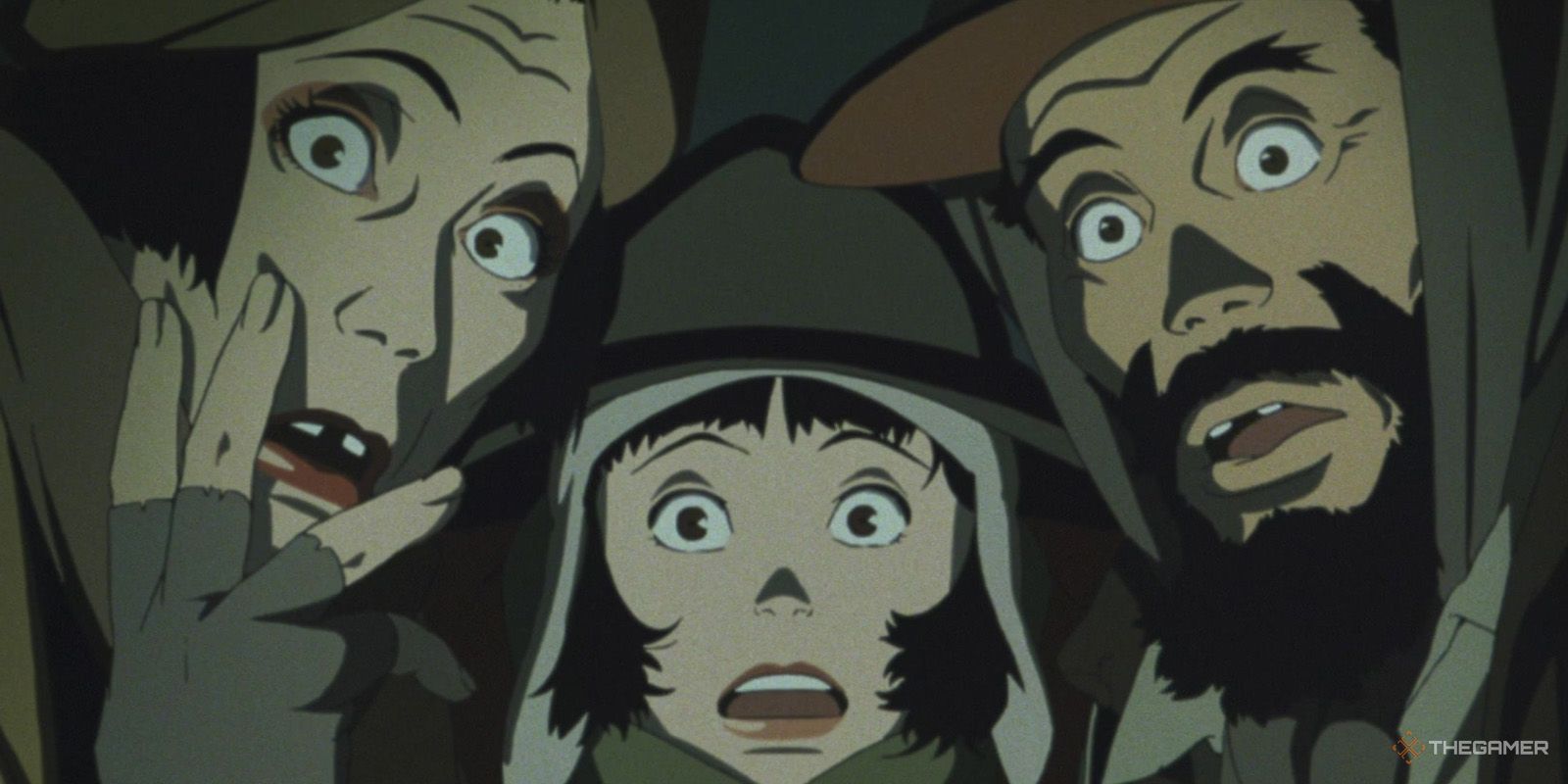 Gin, Hana, and Miyuki look at a baby in Tokyo Godfathers.