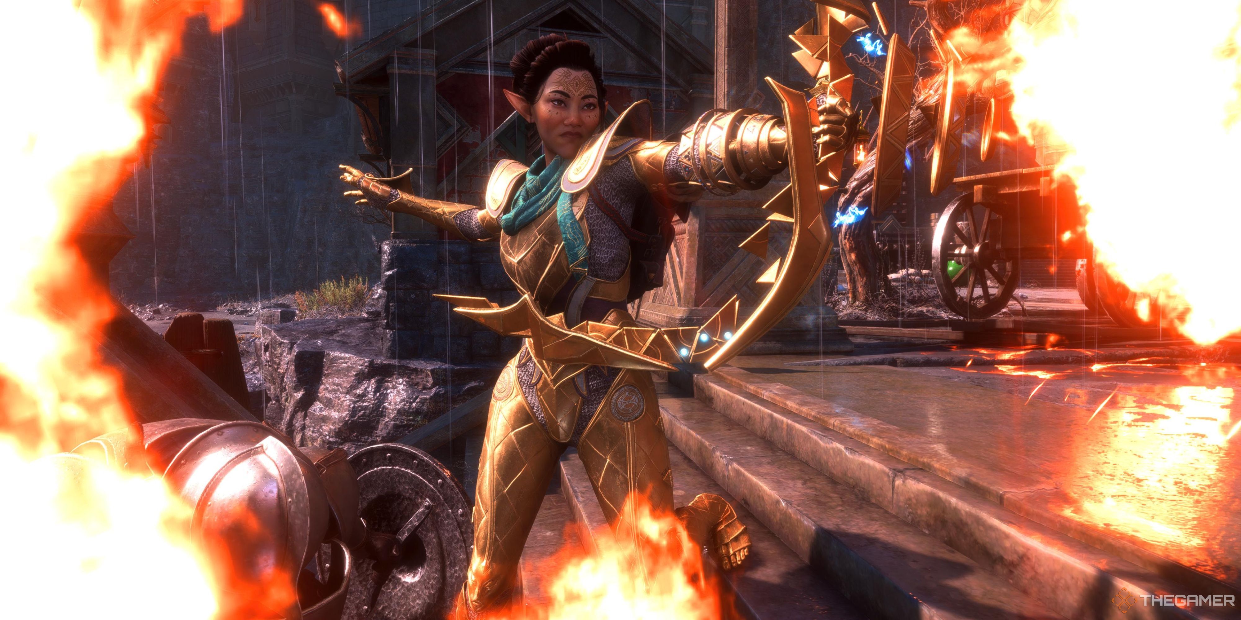 Bellara surrounded by fire with her bow in Dragon Age The Veilguard