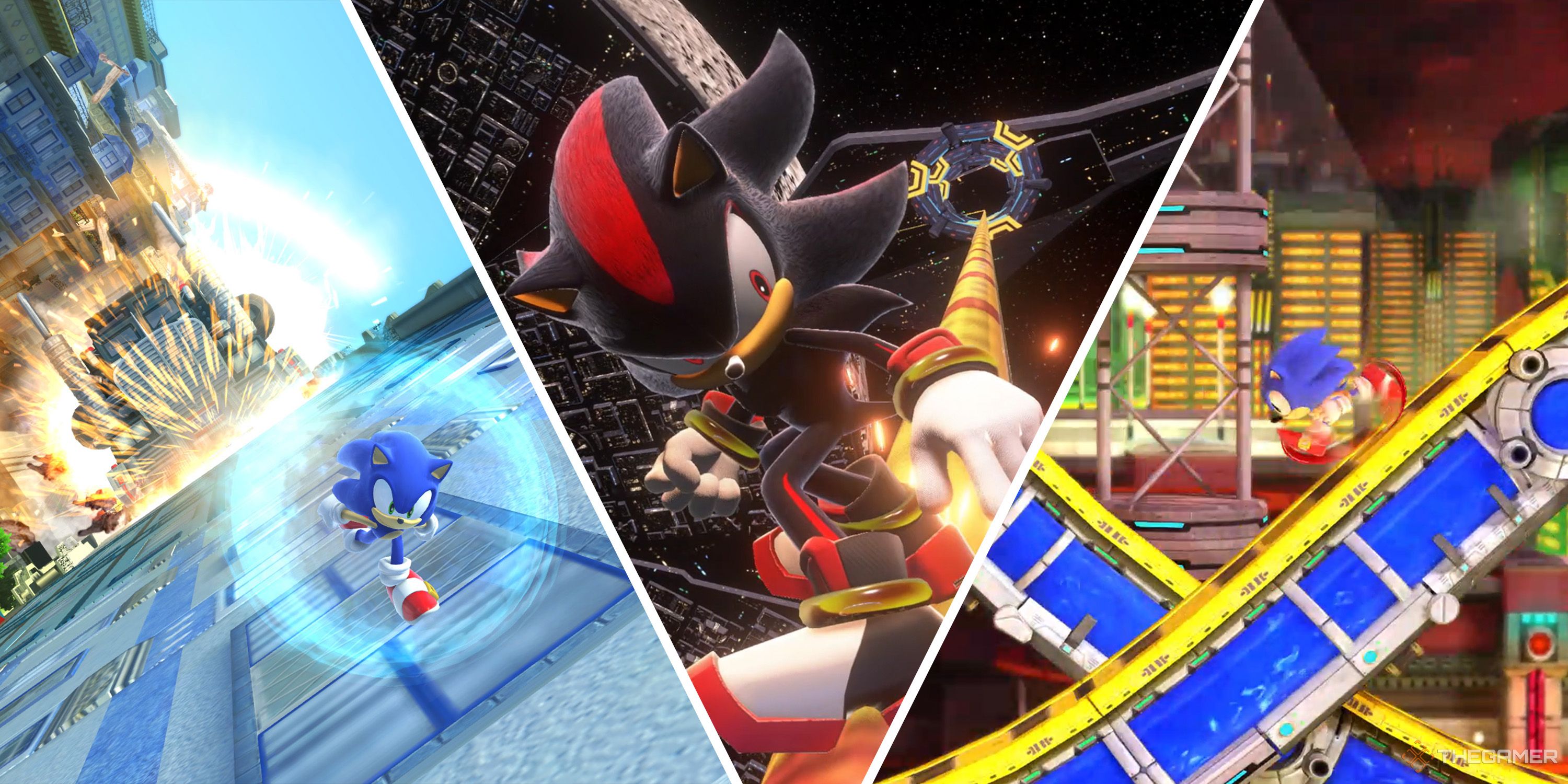 A split image of Sonic X Shadow Generations, showing Modern Sonic in City Escape, Shadow in Space Colony ARK, and Classic Sonic in Chemical Plant.