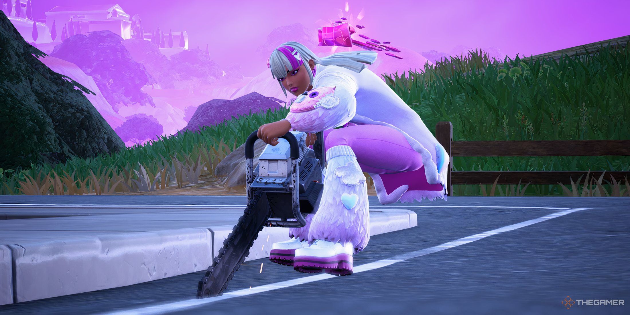 A player in Fortnite is holding a chainsaw.