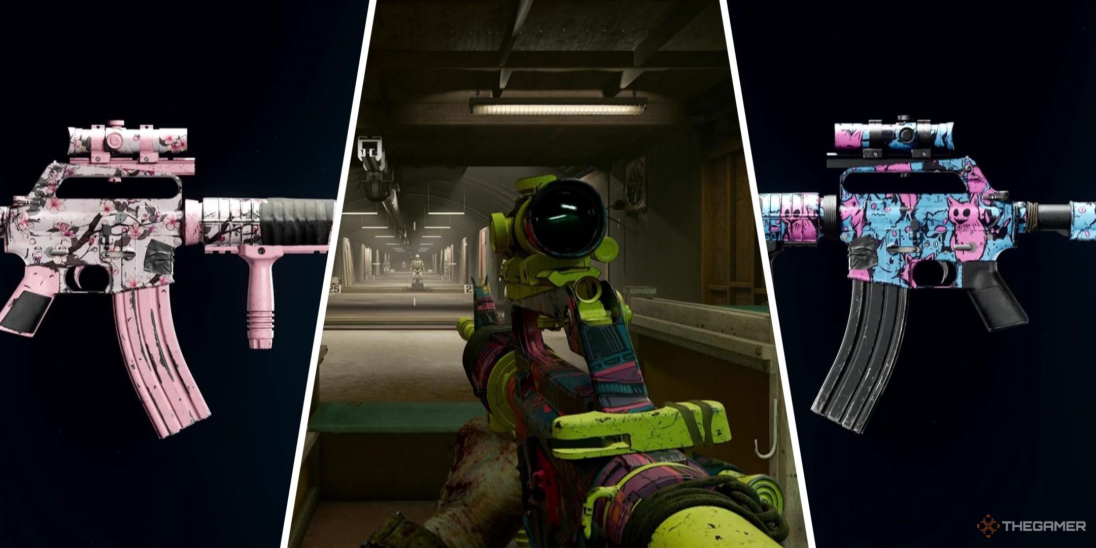 The Cherry Blossom weapon skin is on the left, the Ragamuffin is on the right, and a weapon aims in the firing range in the center, all in Call of Duty: Black Ops 6.