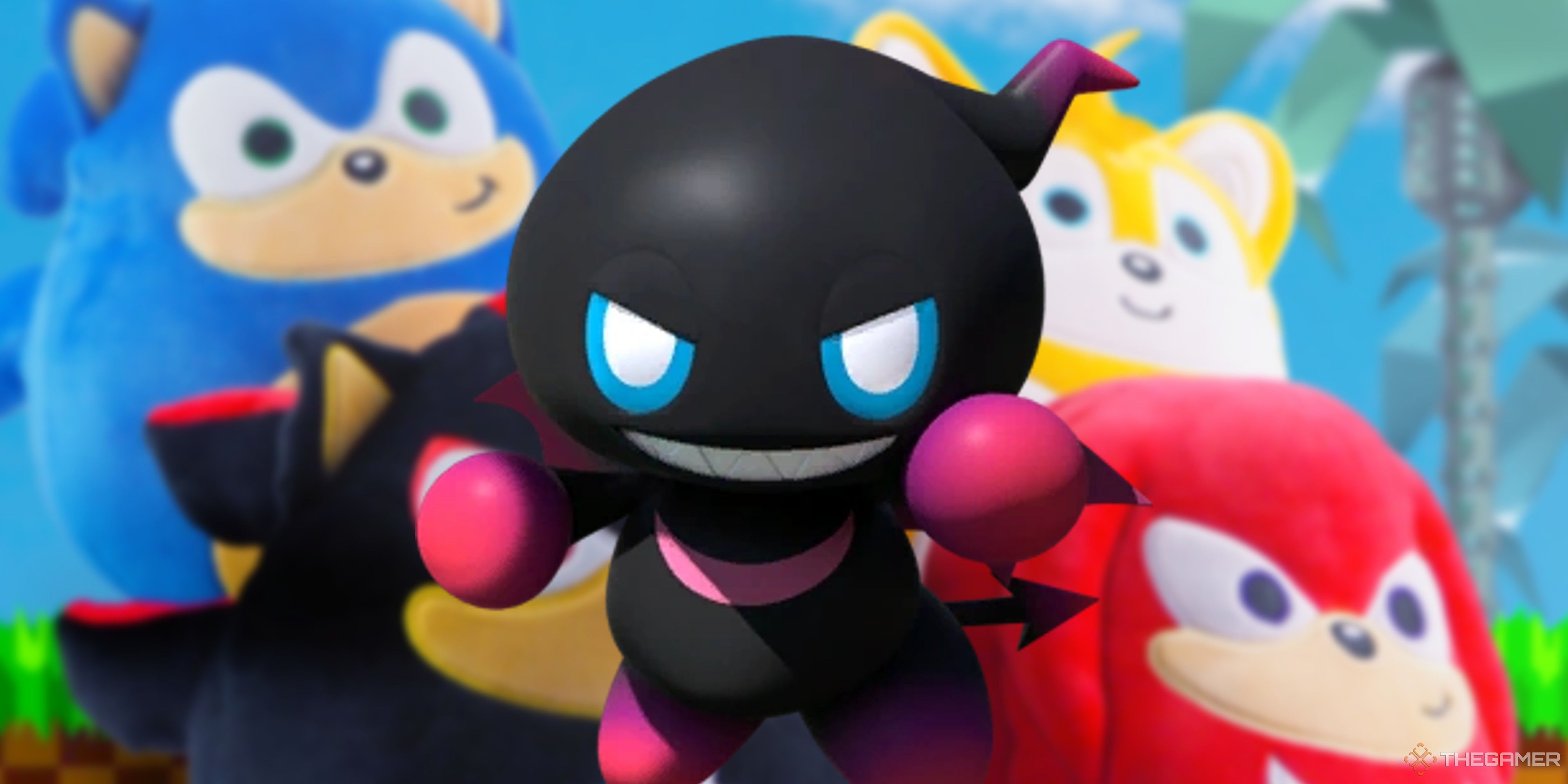 dark chao in front of four sonic squishmallows