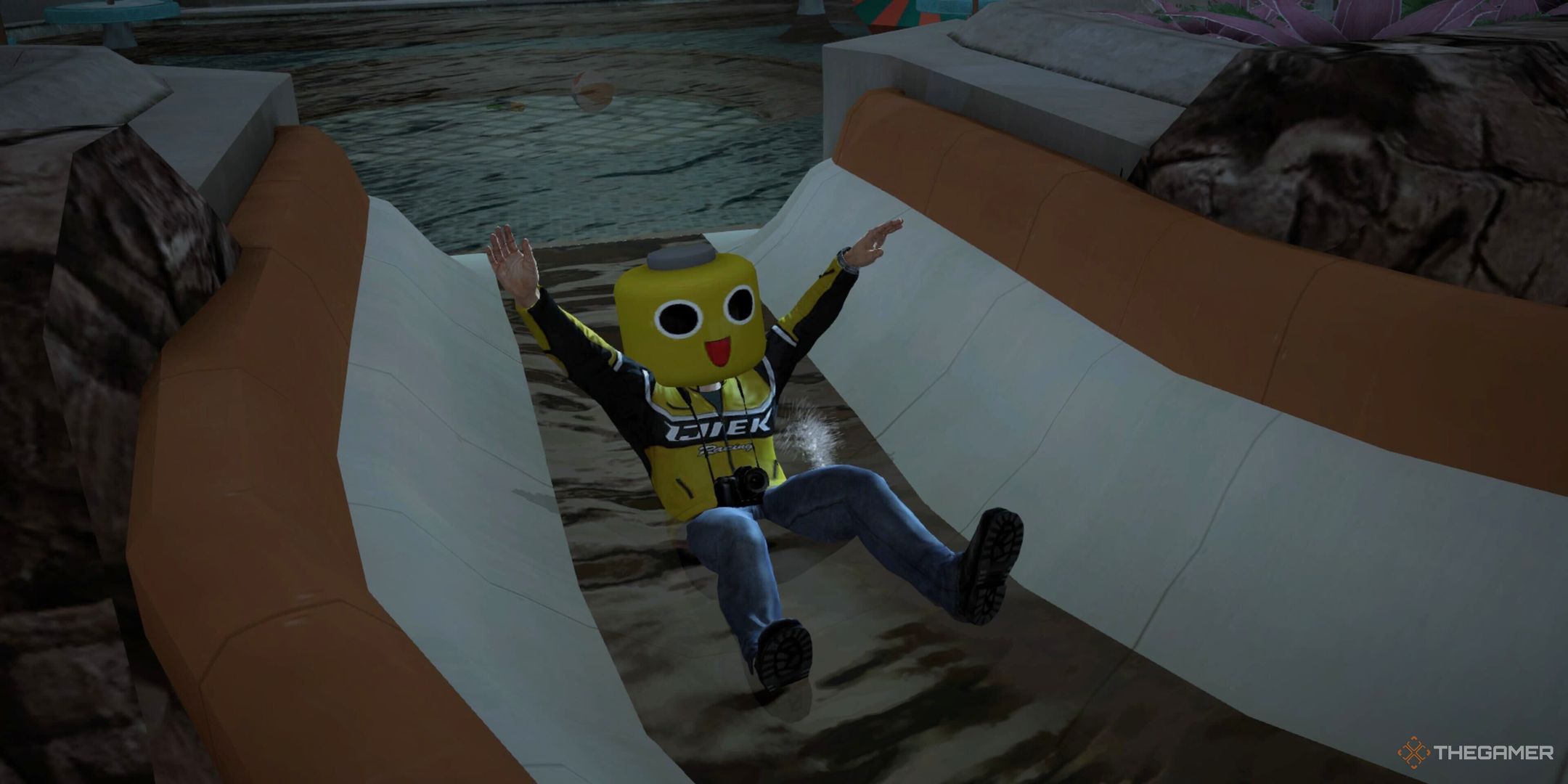 Frank riding down a slide in Dead Rising 2: Off The Record.