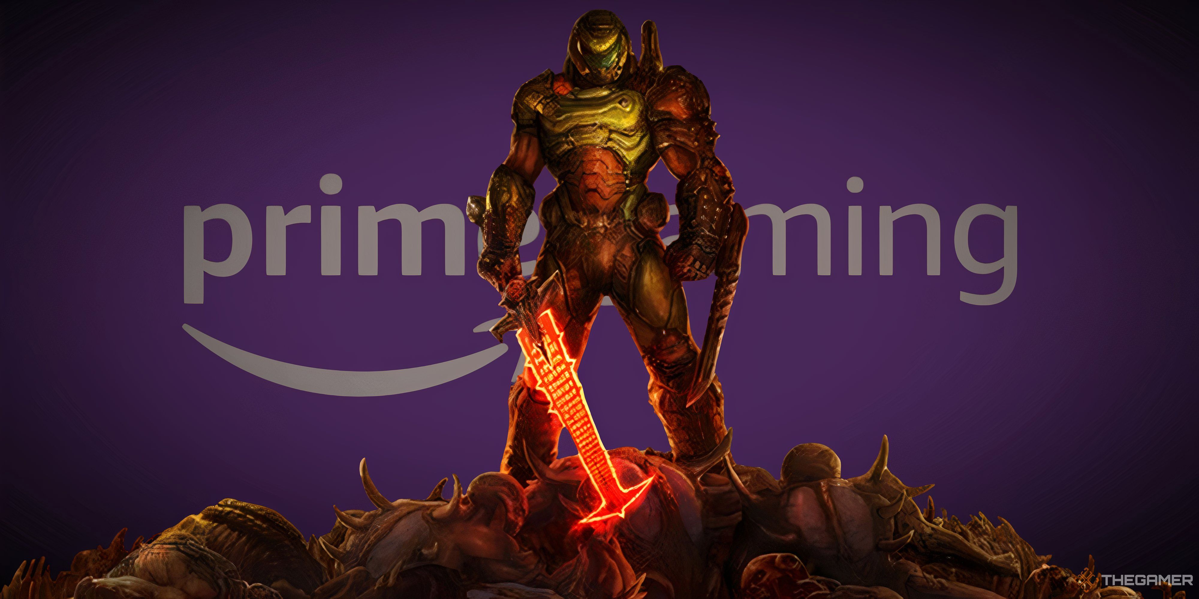 doomguy from doom eternal in front of the prime gaming logo