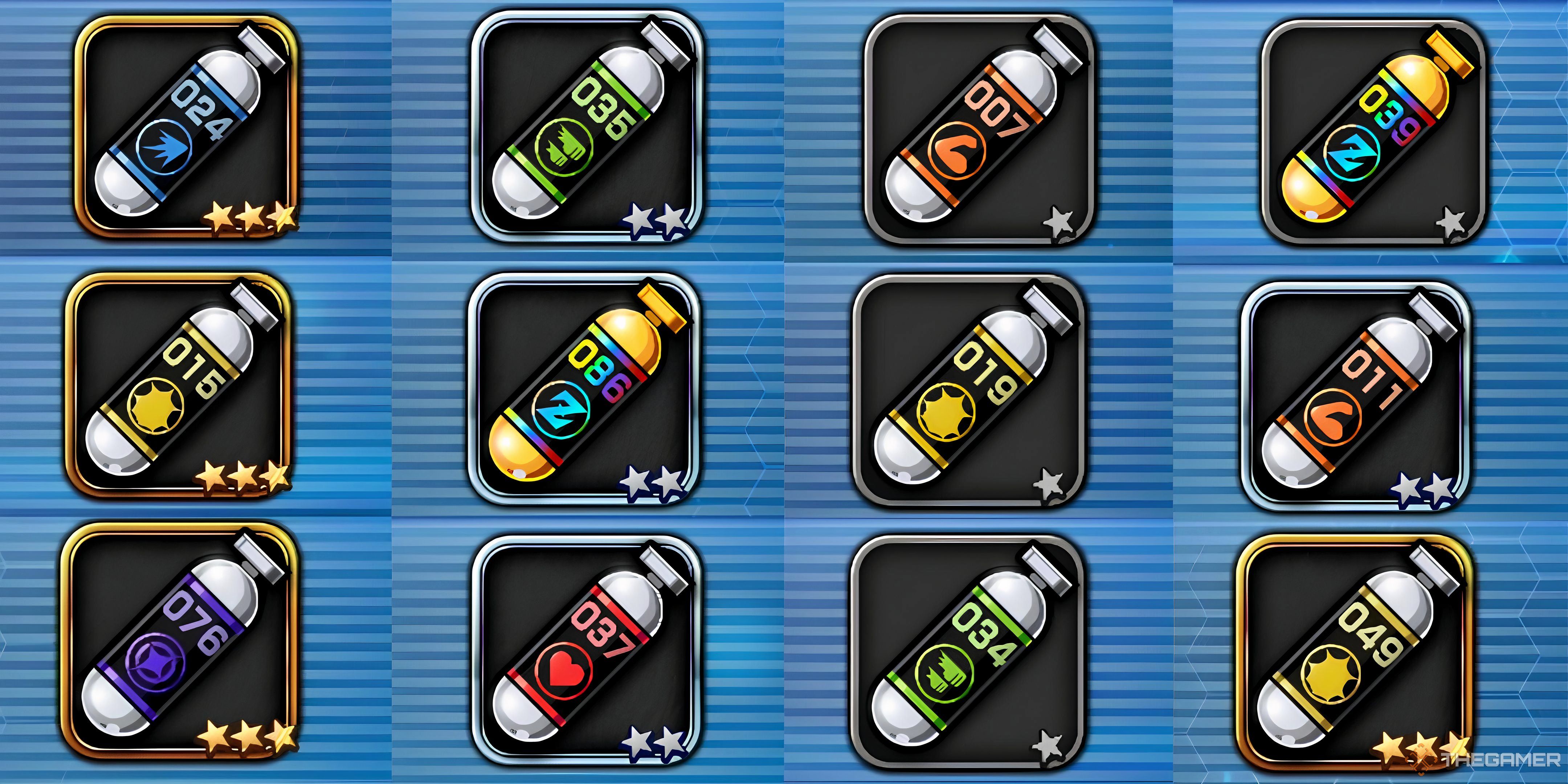 A collection of Ability Item Capsules in Dragon Ball: Sparking Zero.