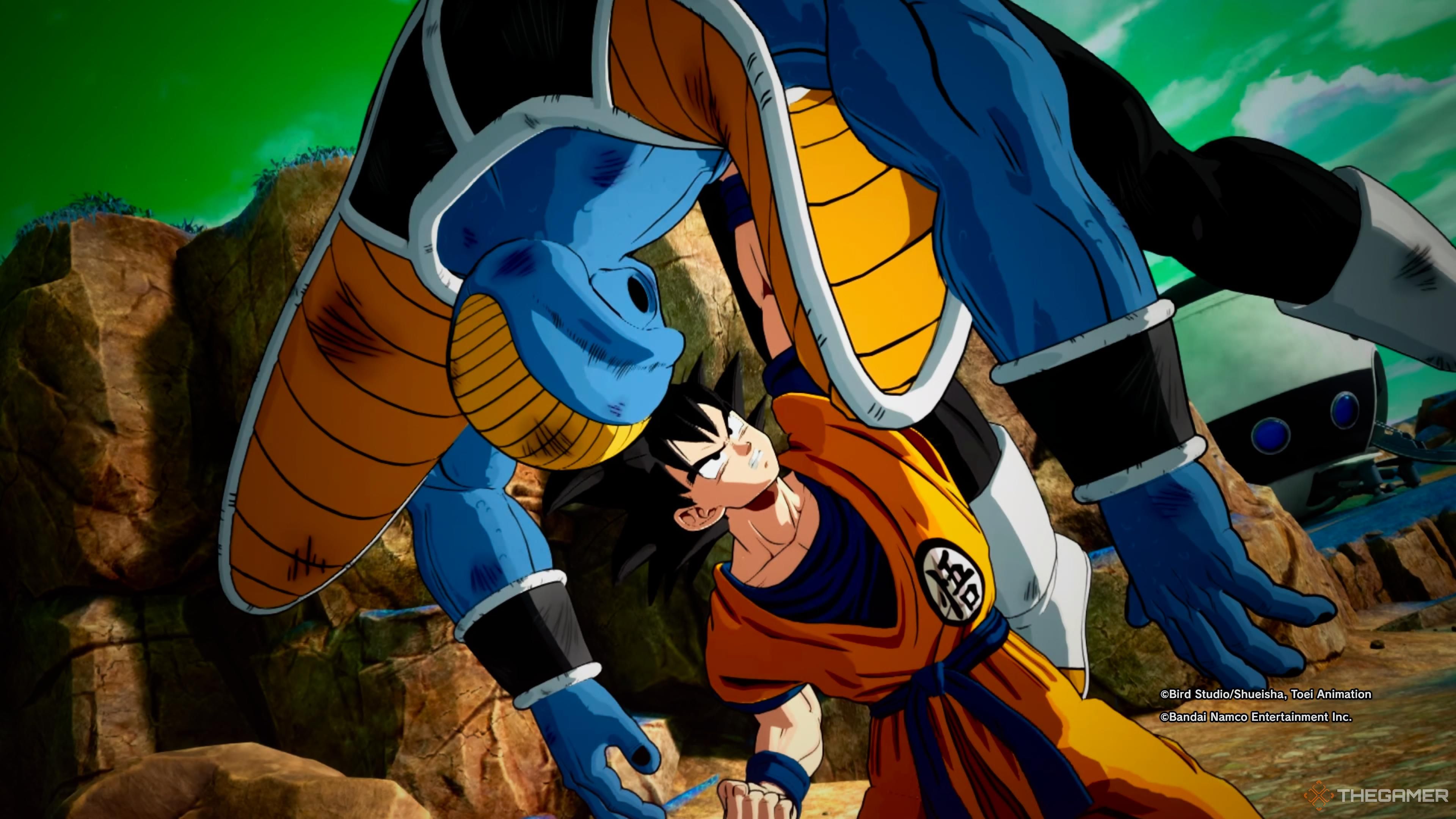 Goku holding up the unconscious body of Burter in DRAGON BAL: Sparking! ZERO.