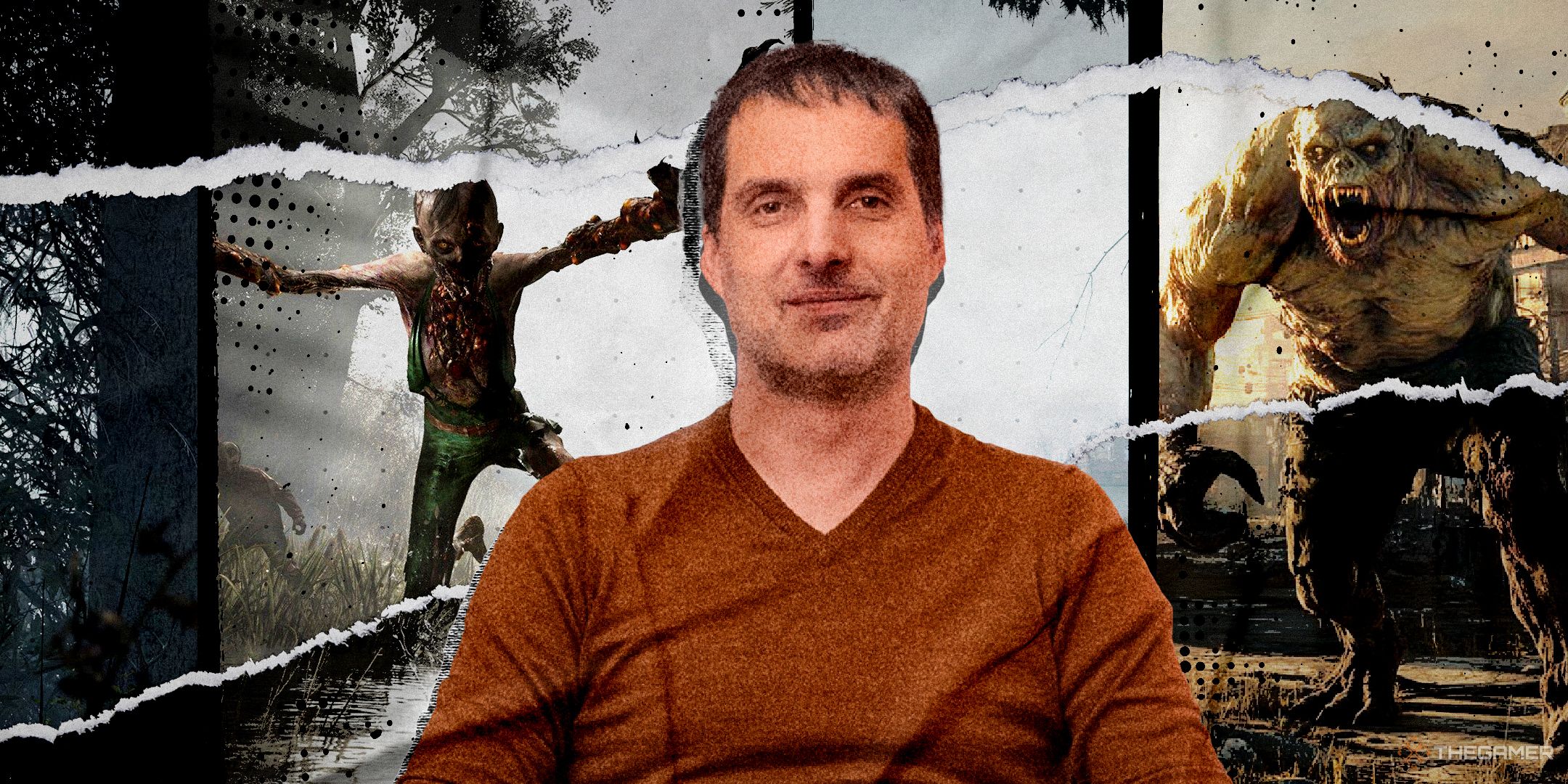 A collage showing Olivier Derivière at the front and a background with pictures from Dying Light: The Beast.