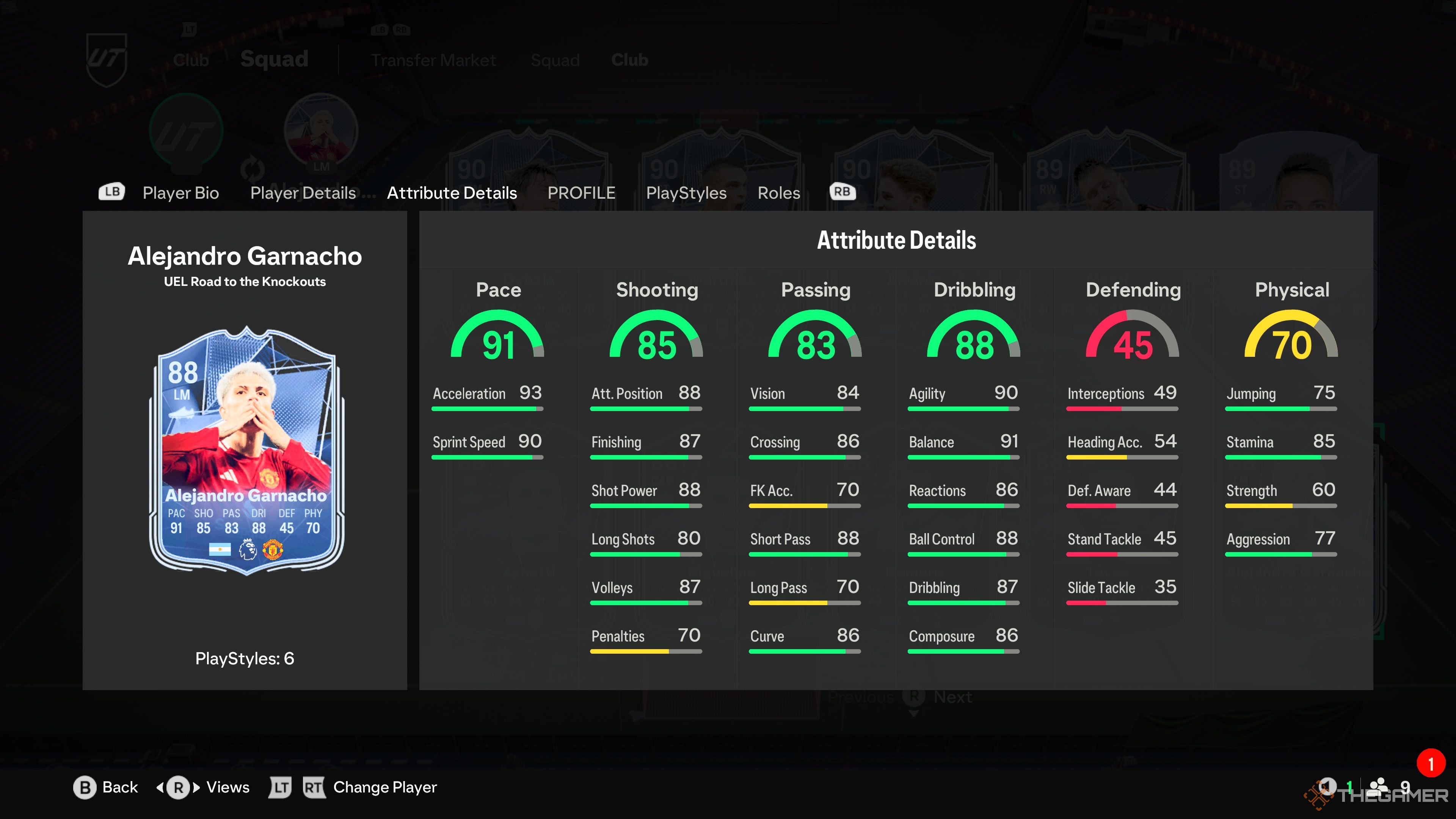 Alejandro Garnacho's card attributes in EA Sports FC 25.