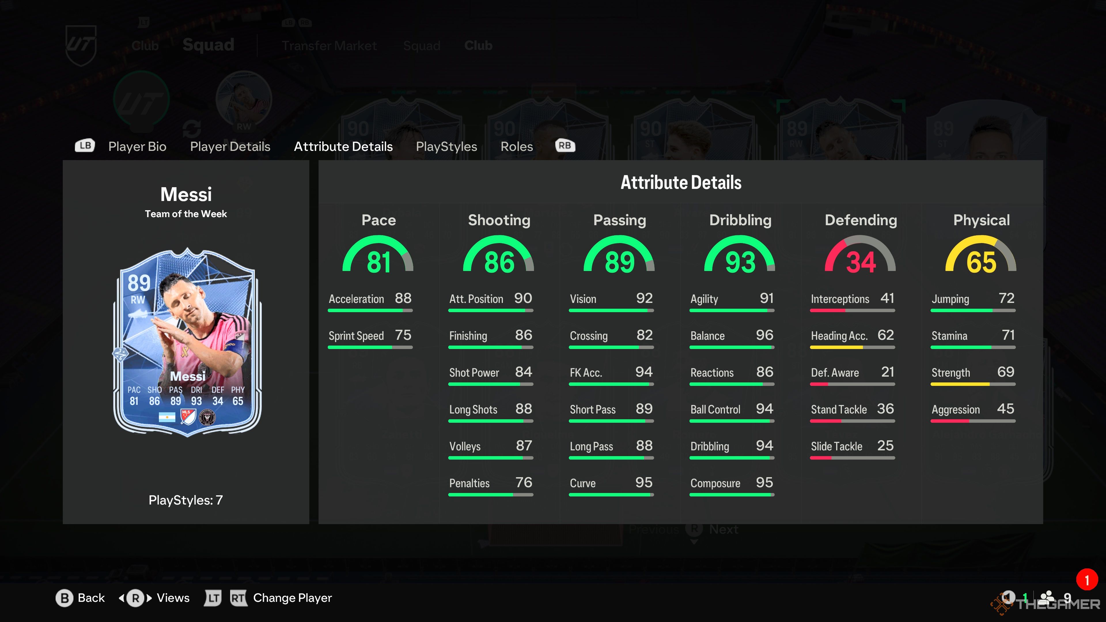 Lionel Messi's card attributes in EA Sports FC 25.