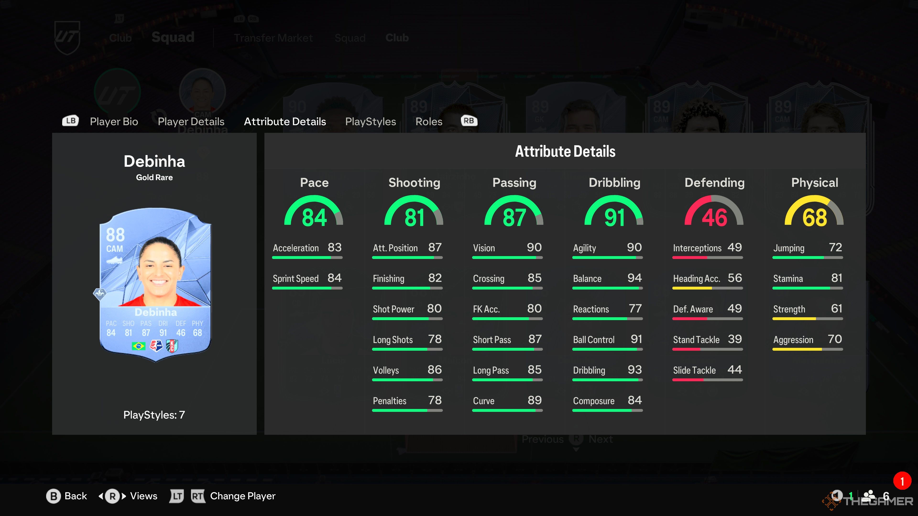 Debinha's card attributes in EA Sports FC 25.