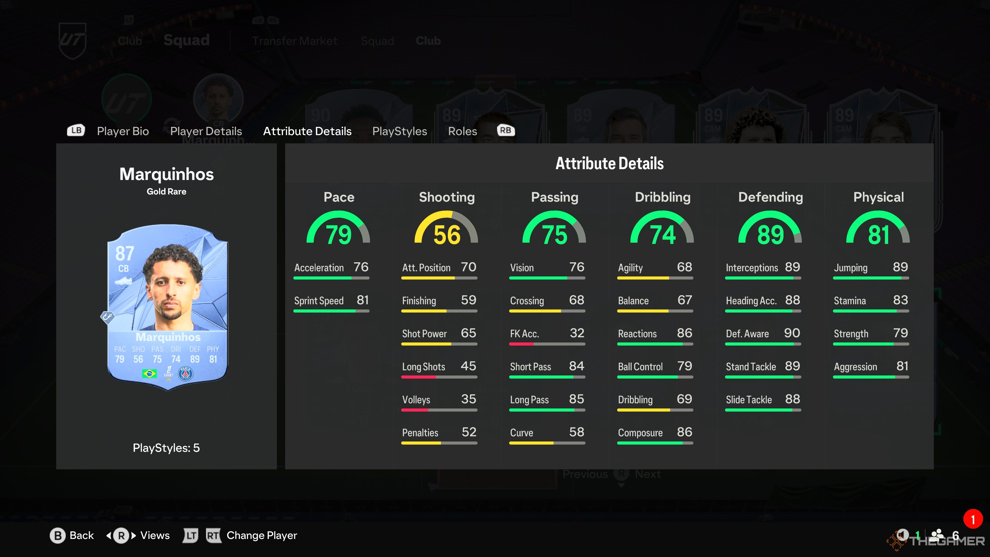 Marquinhos' card attributes in EA Sports FC 25.