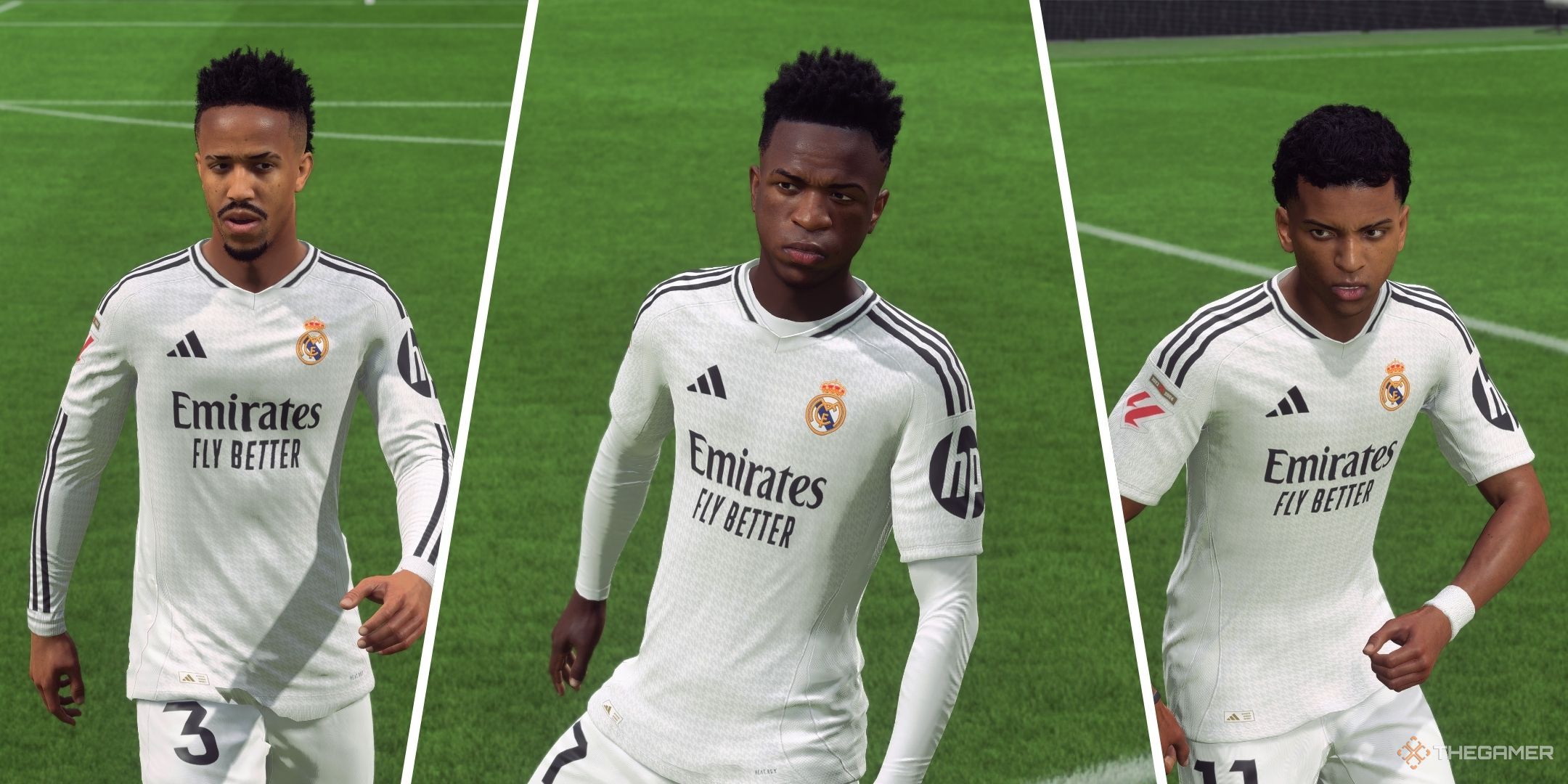 A shared image of Eder Militao, Vini Jr and Rodrygo in EA Sports FC 25.