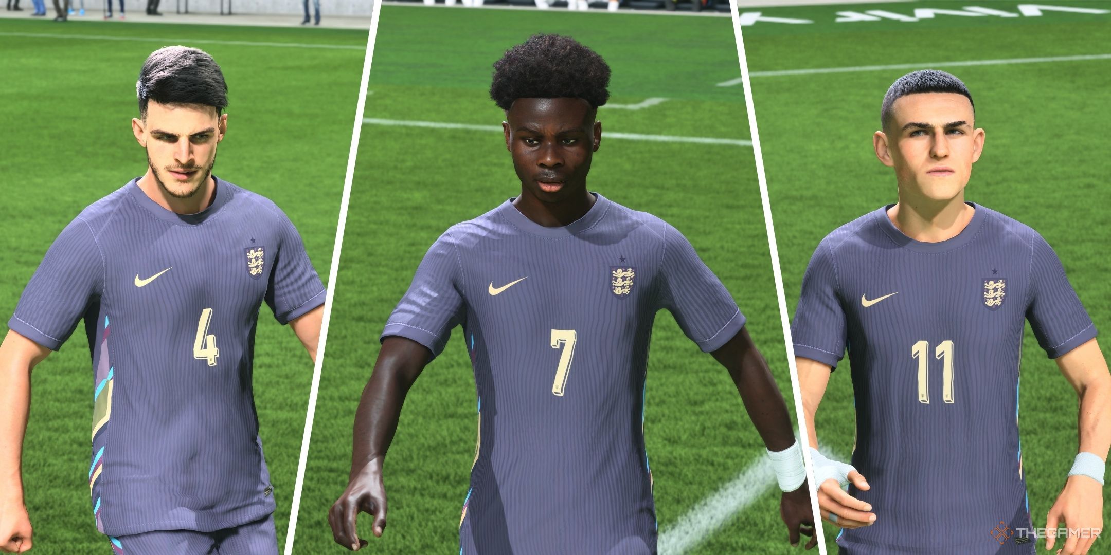 A split image of Declan Rice, Bukayo Saka, and Phil Foden in EA Sports FC 25.