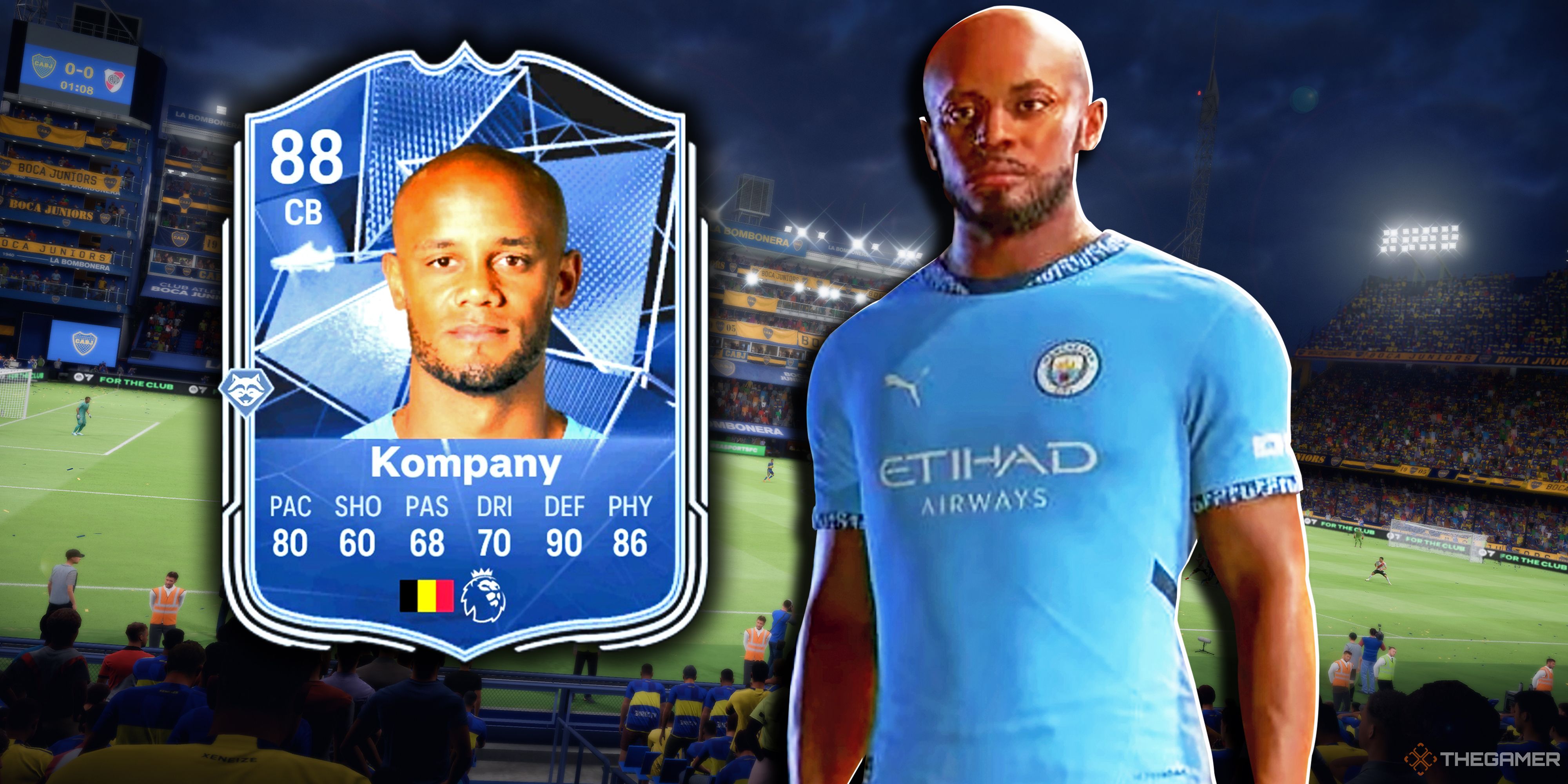 Vincent Kompany stands next to his card in EA Sports FC 25.