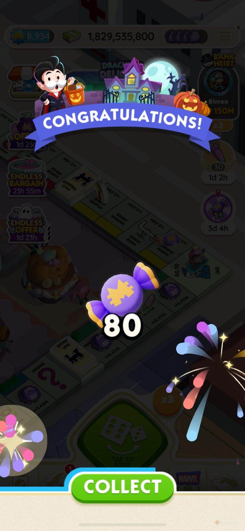 Earning extra free Scary Cake Partners tokens from the Dracula&rsquo;s Delight event in Monopoly Go.