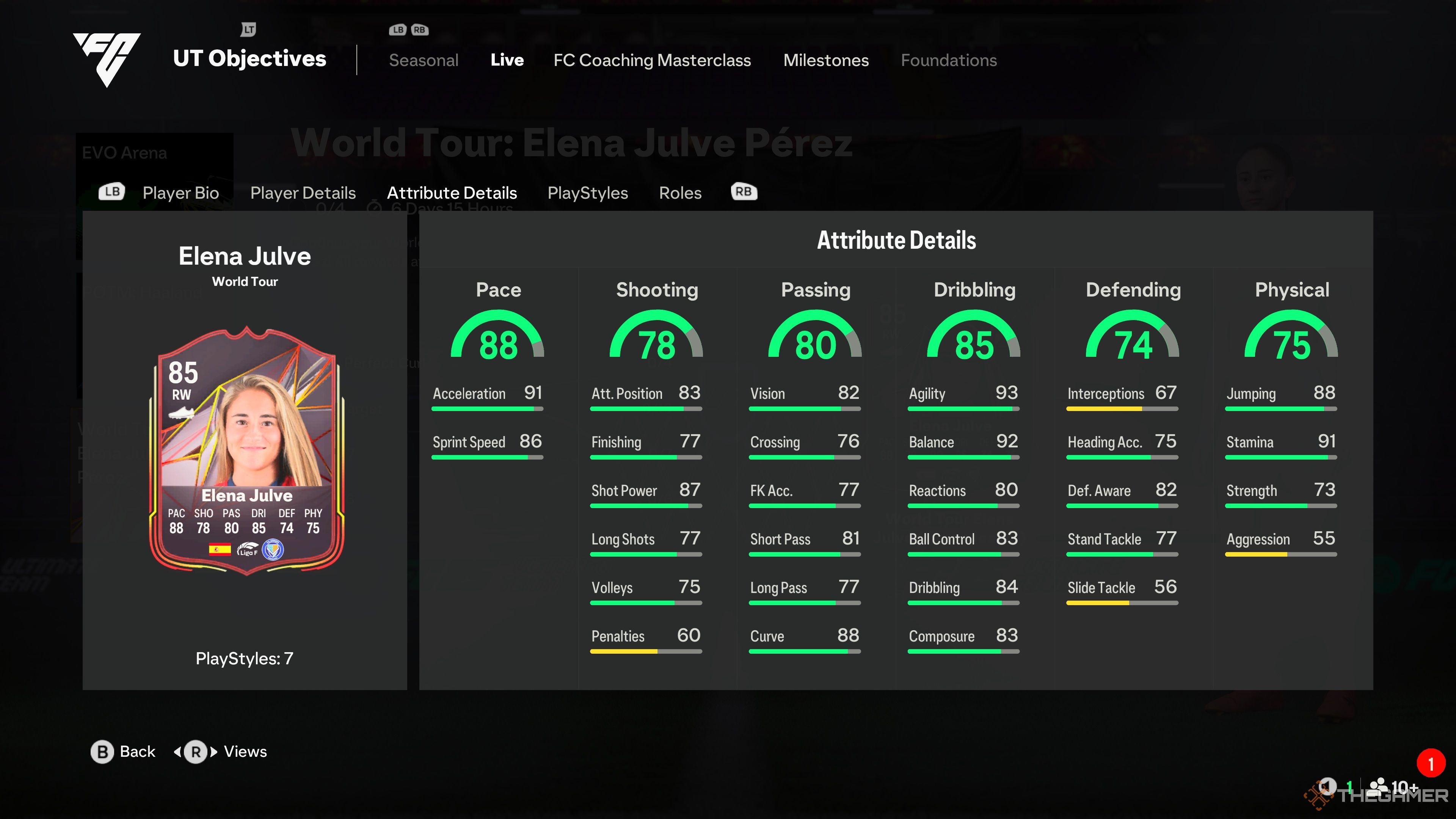 The World Tour Elena Julve Perez Objective Card Attributes in EA Sports FC 25.