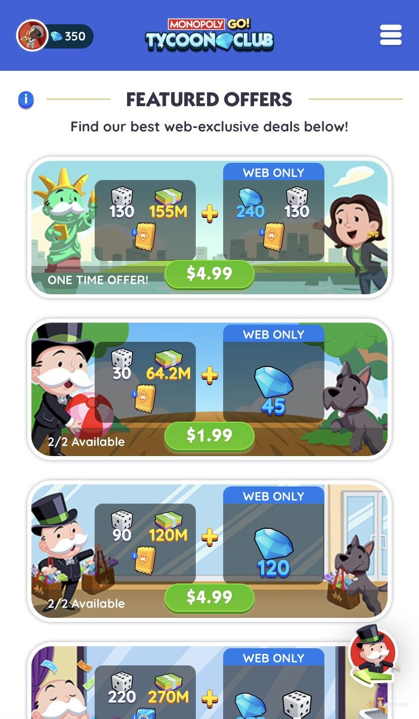 Featured offers on the store page of the Tycoon Club in Monopoly Go.