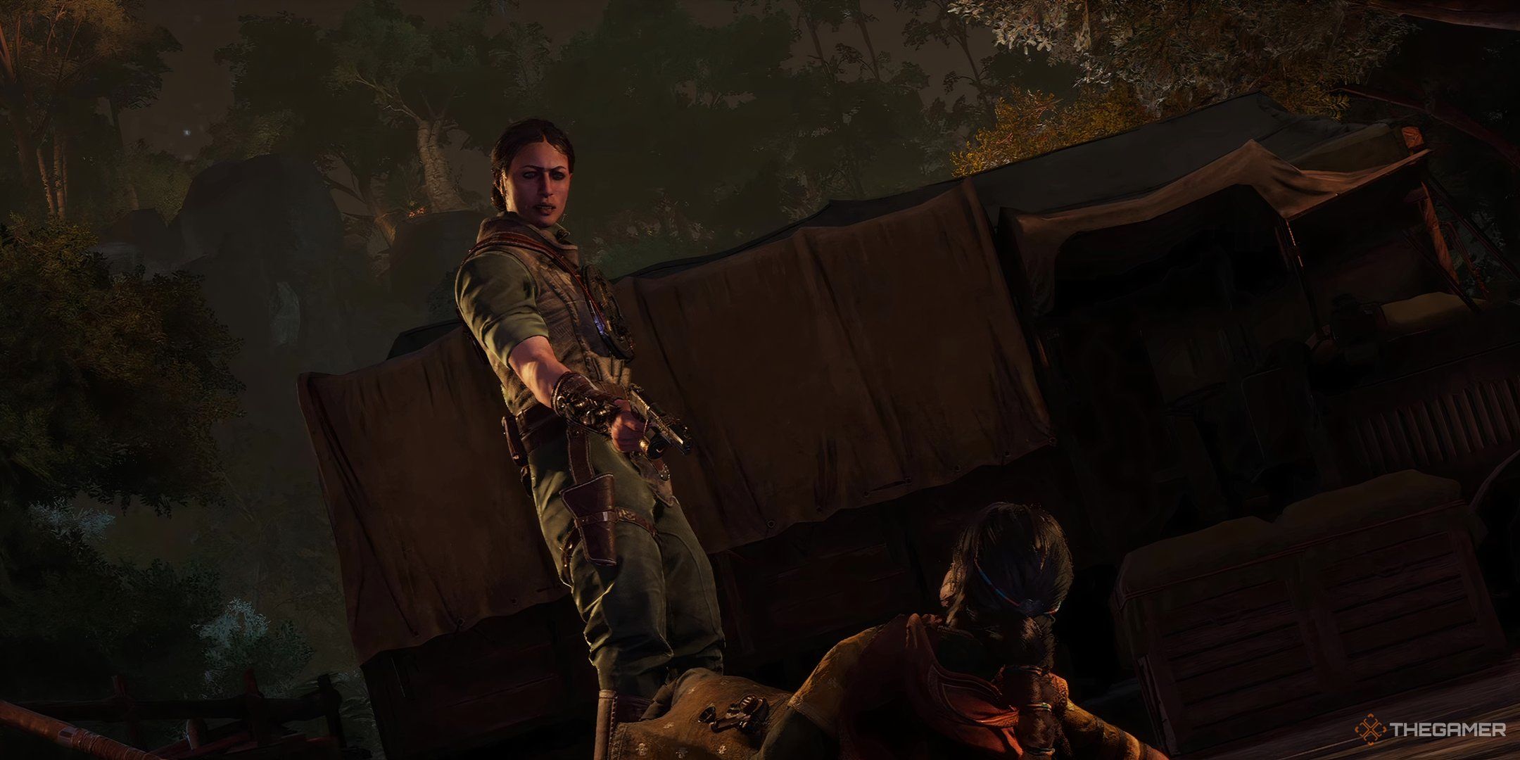 Mila holding Haroona at gunpoint in Unknown 9: Awakening.