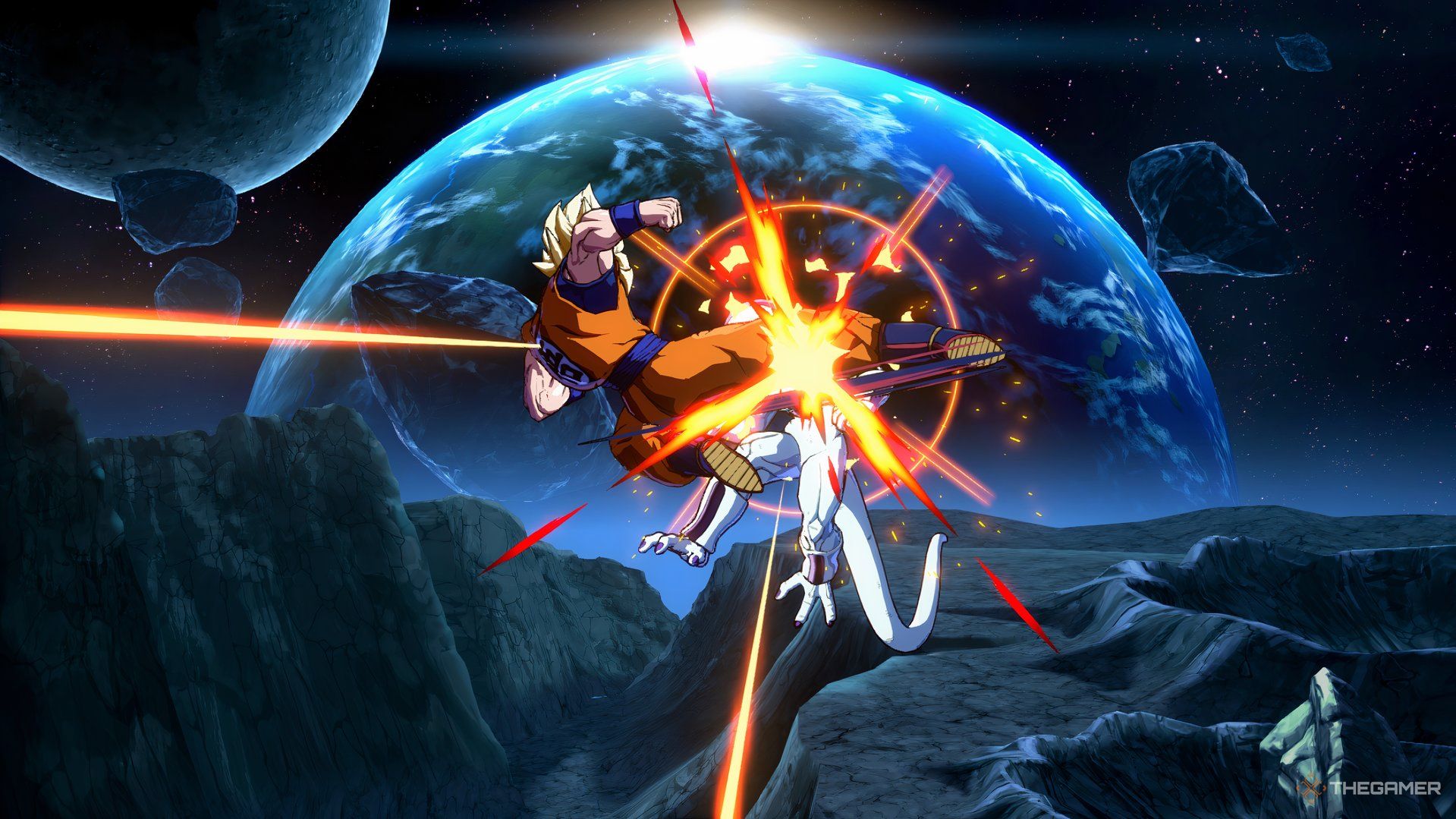 Goku fighting Frieza in Dragon Ball FighterZ.
