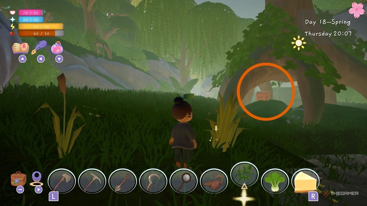 Player facing a large tree with an chest underneath it in Garden Witch Life.
