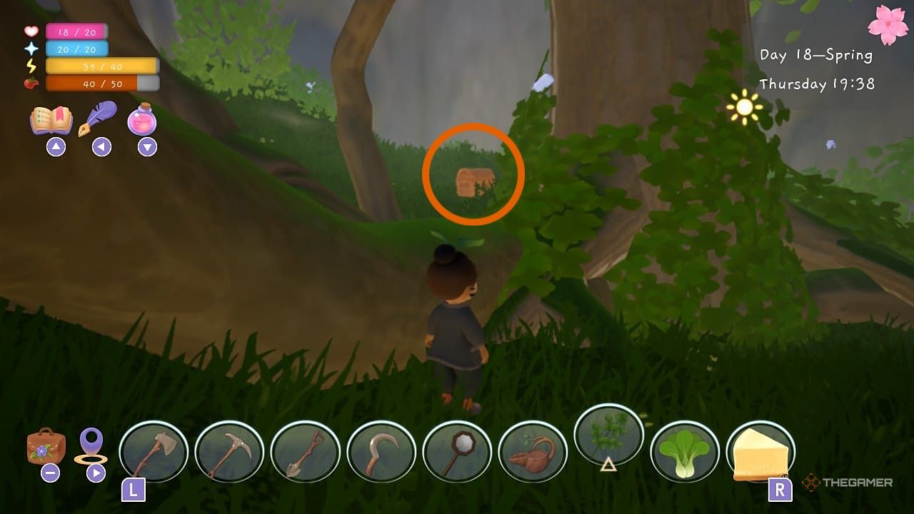 Player next to a tree trunk with a chest circled in the background, in Garden Witch Life.