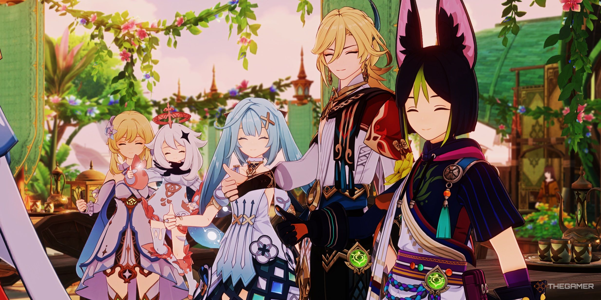 Lumine, Paimon, Faruzan, Kaveh and Tighnari doing a thumps up expression in Genshin Impact.