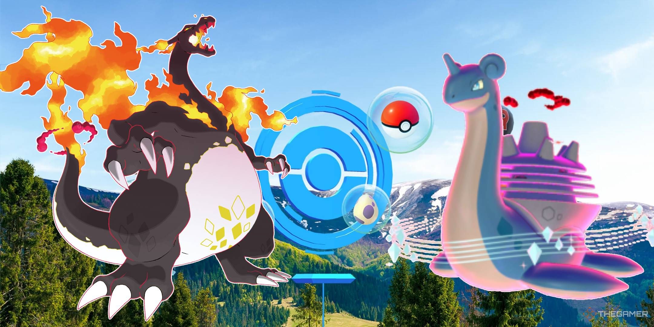 Gigantamax Charizard and Lapras shinies in front of mountains and a giant PokeStop