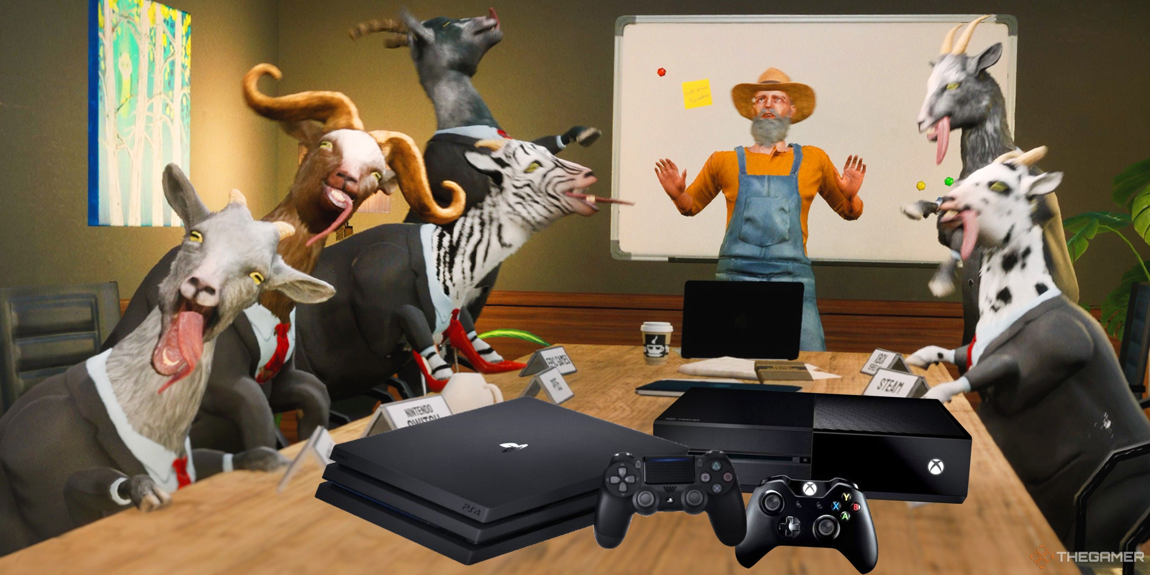 goat simulator 3 goats sitting around a table with a ps4 and xbox one on it