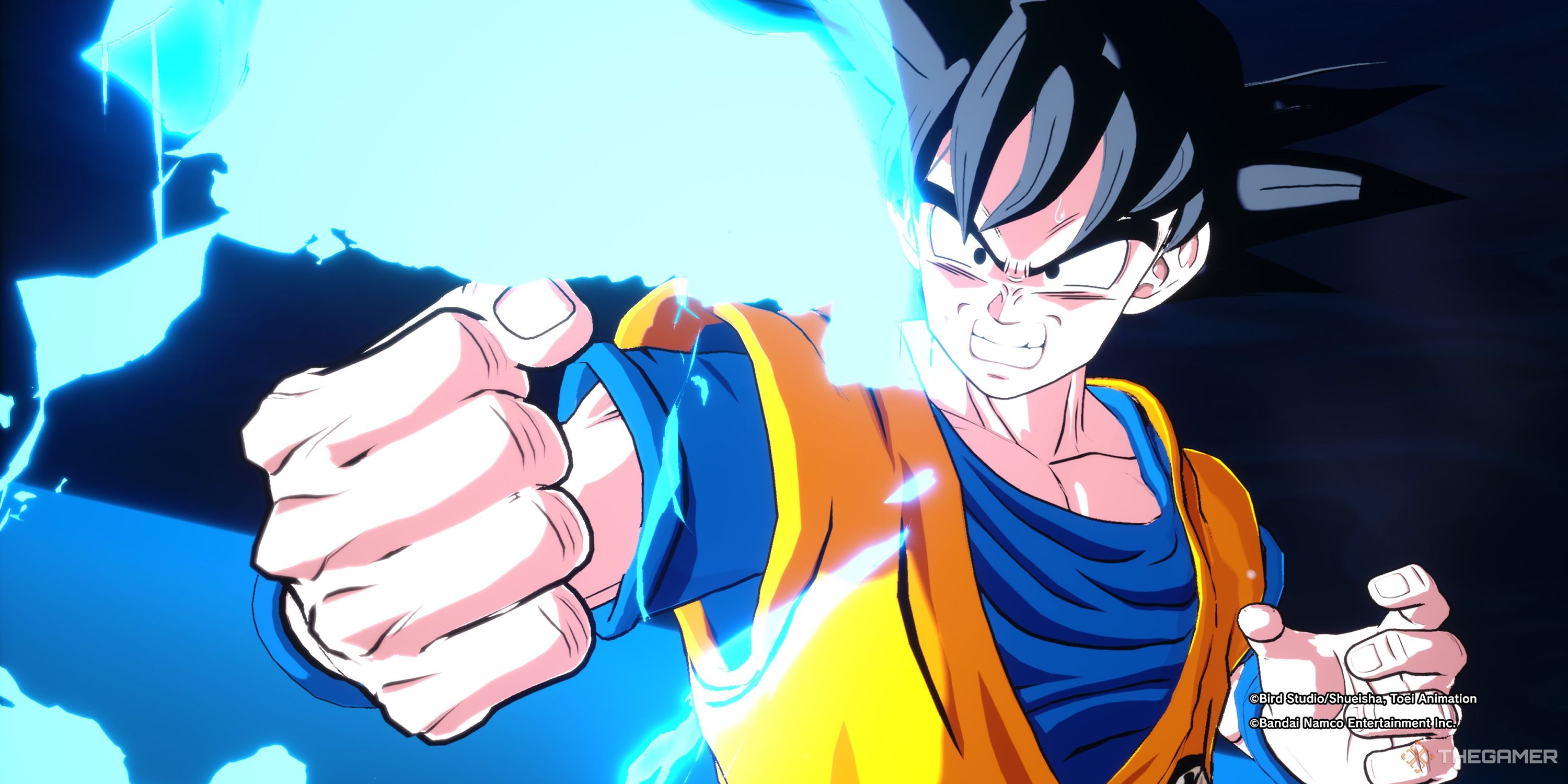 Goku prepares a super attack while staring down his opponent in Dragon Ball: Sparking Zero