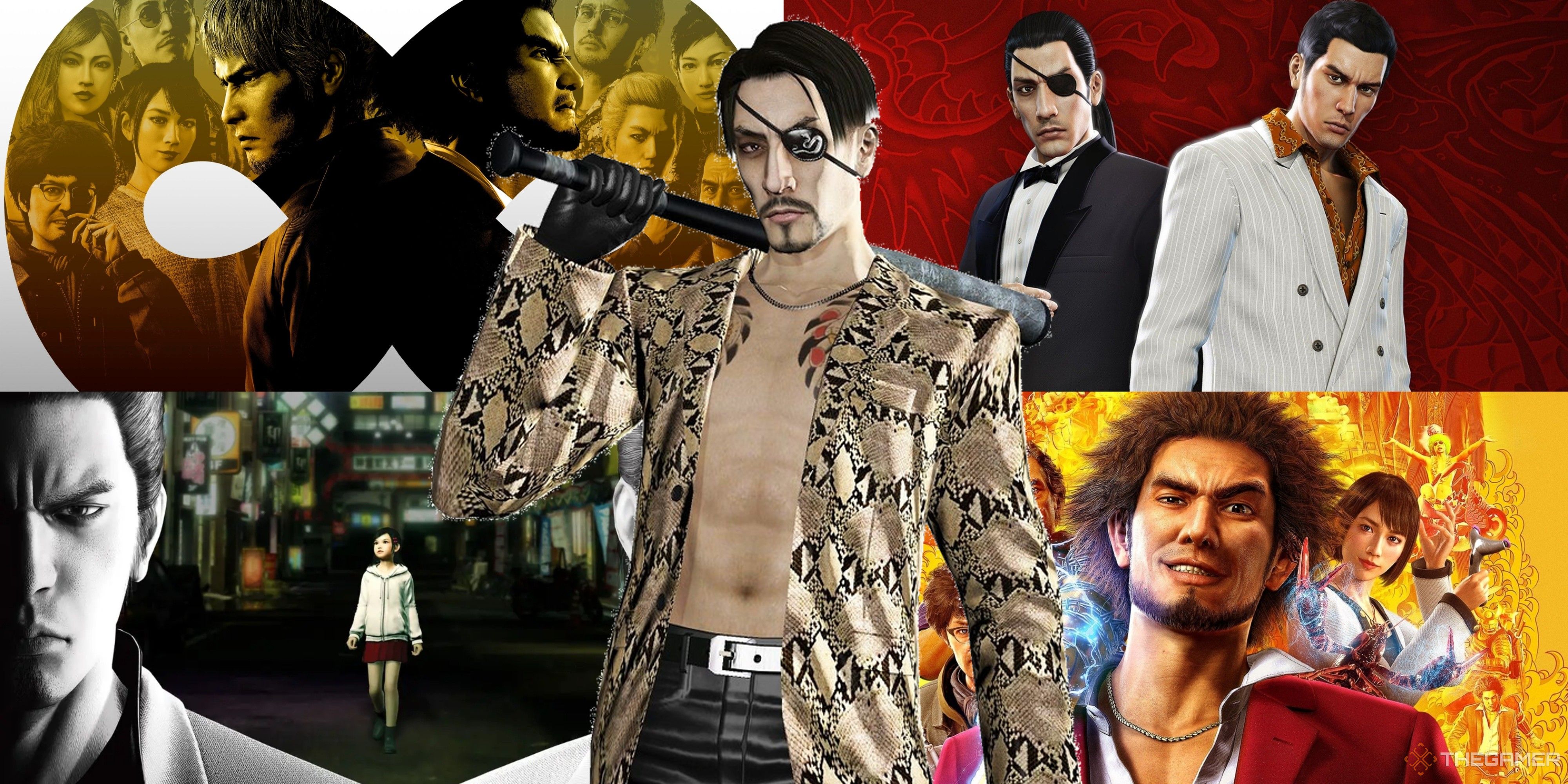 goro majima in front of the cover art for infinite wealth, yakuza 0, yakuza like a dragon, and yakuza kiwami