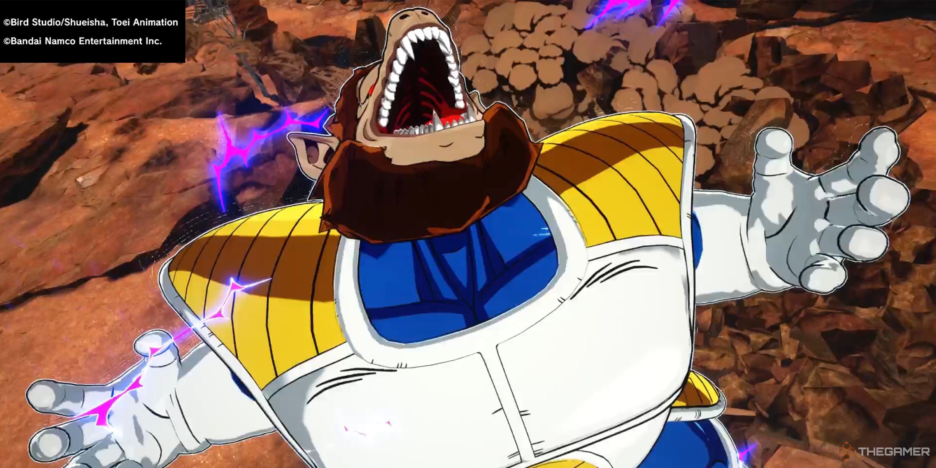 Great Ape Vegeta stretches his arms out and laughs maniacally during a battle in the Rocky Land in Dragon Ball: Sparking Zero.