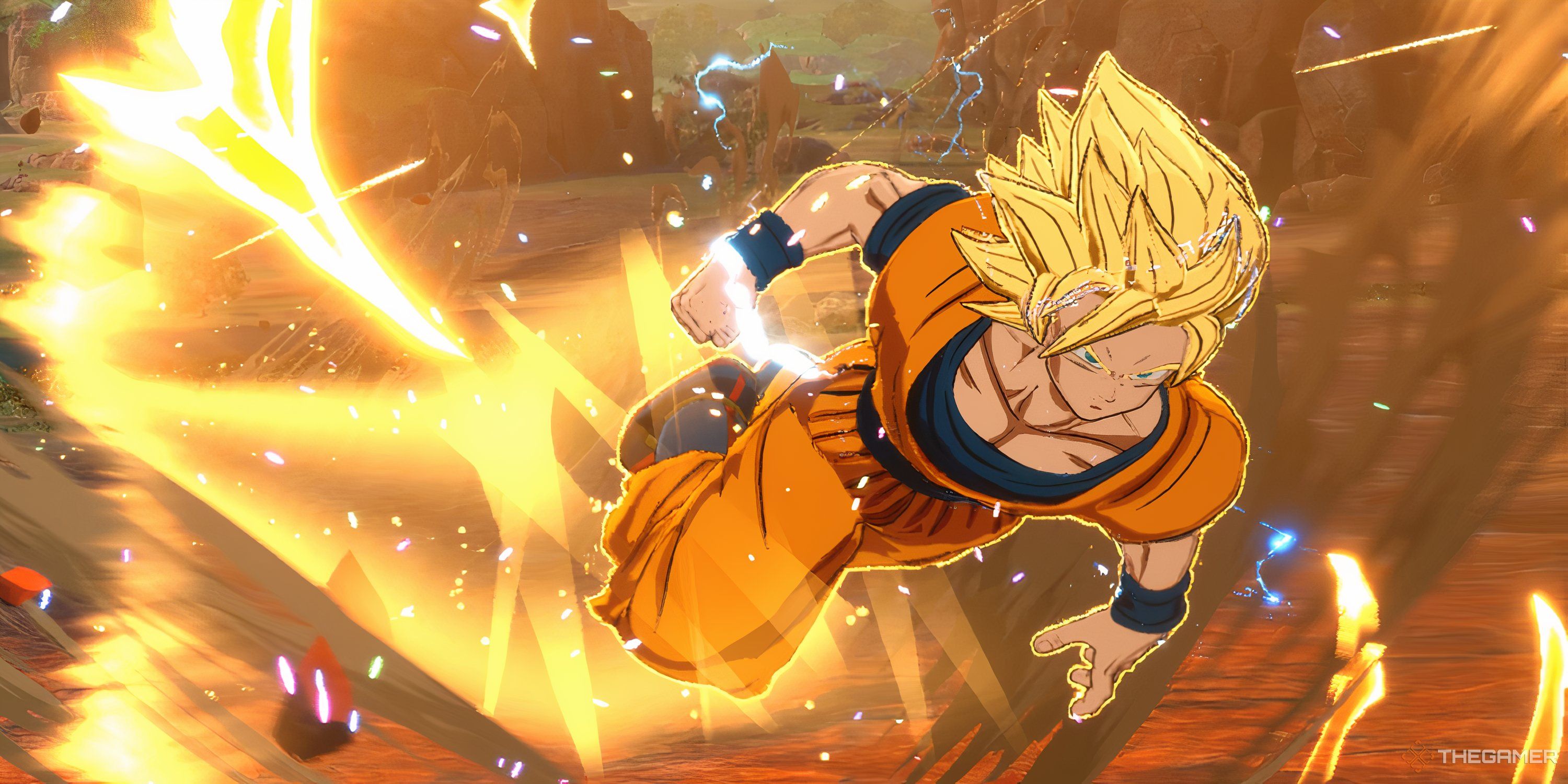 Super Saiyan 2 Goku Dragon Dashes toward the camera in Dragon Ball: Sparking Zero.