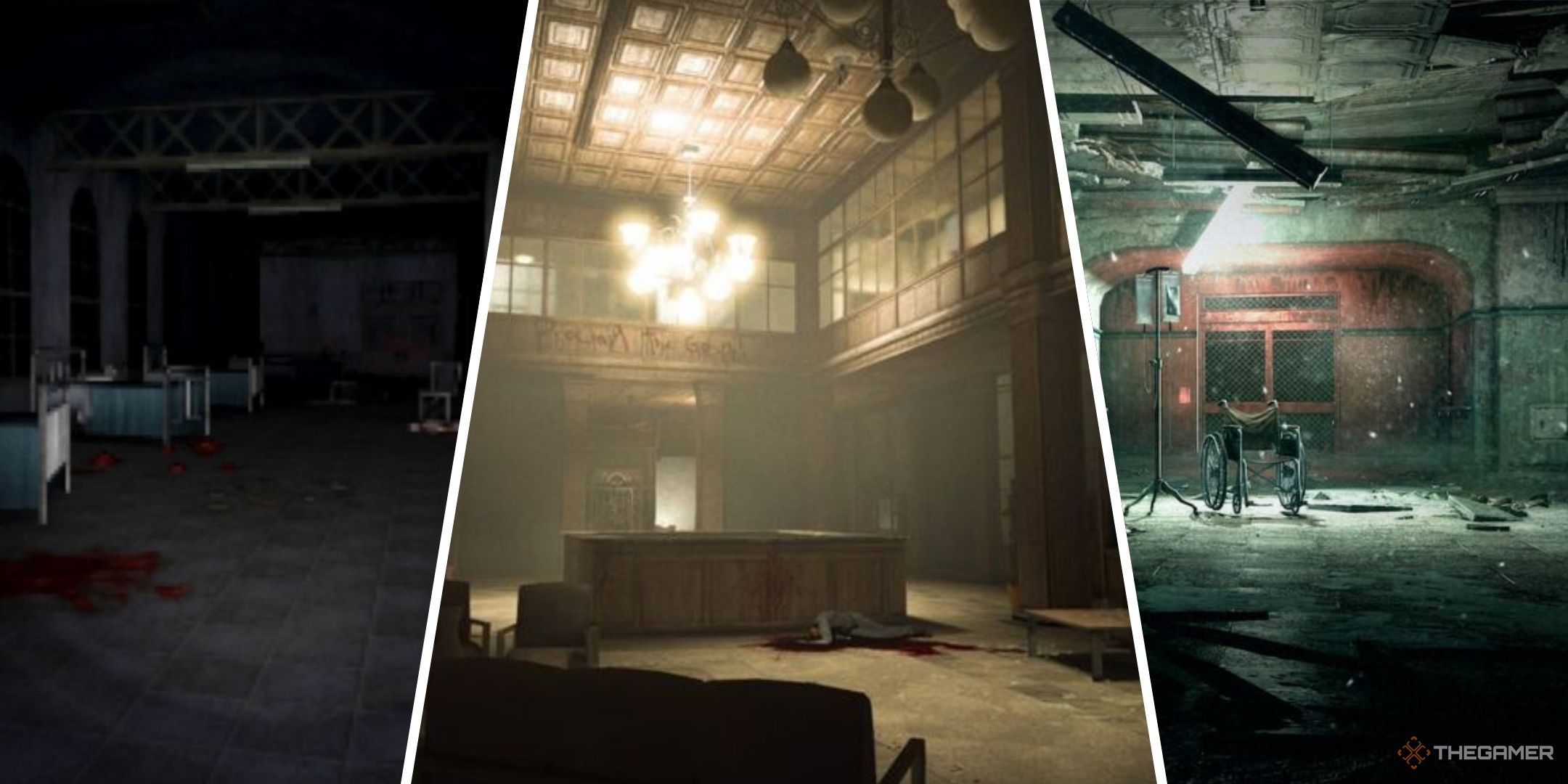 A collage showing The Dark Hospital Room from Dementium The Ward, the lobby entrance of Mount Massive Asylum from Outlast, and a wheelchair in Beacon Mental Hospital from The Evil Within.