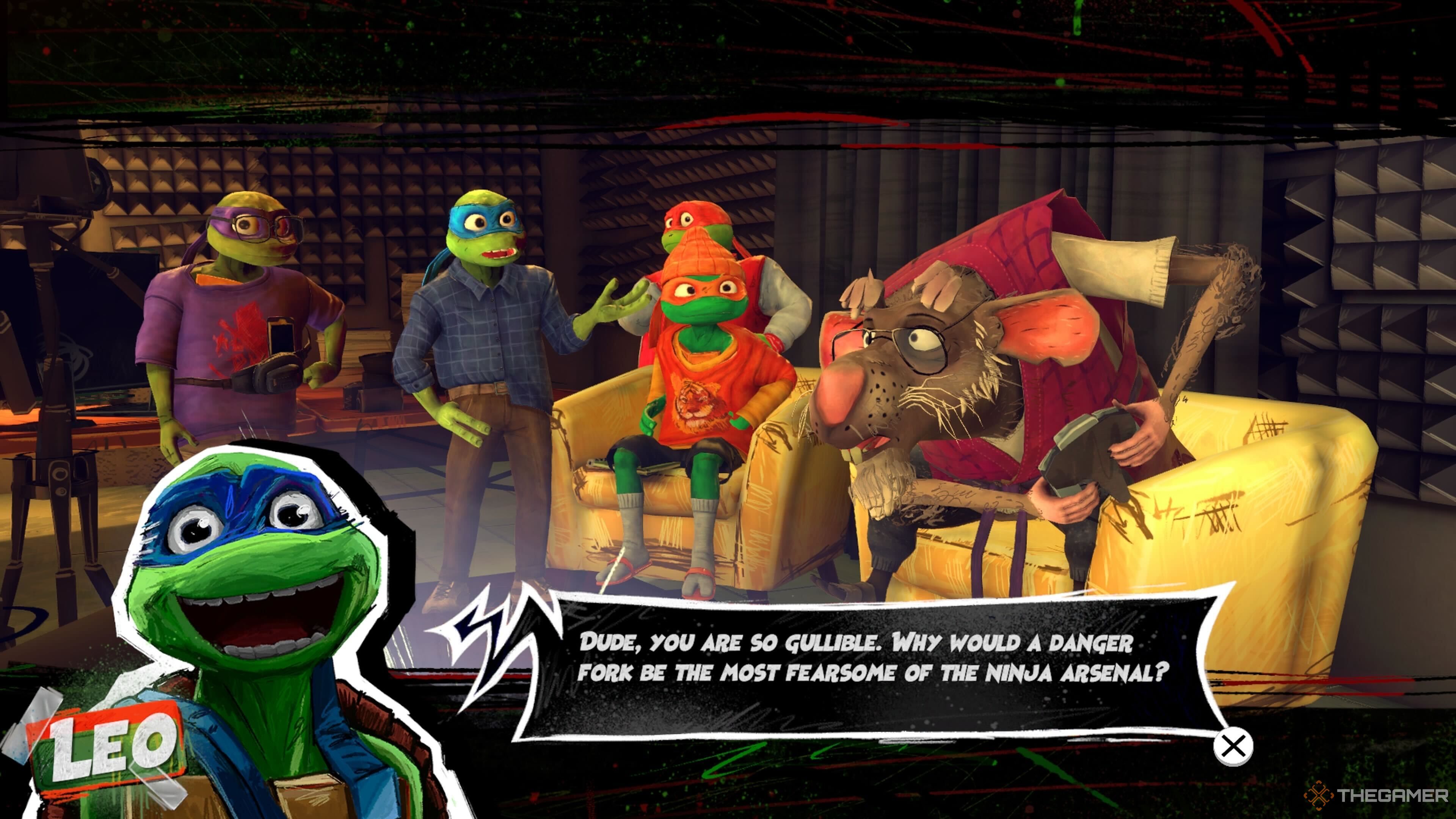 Leonardo making fun of Raph's weapon in TMNT: Mutants Unleashed.