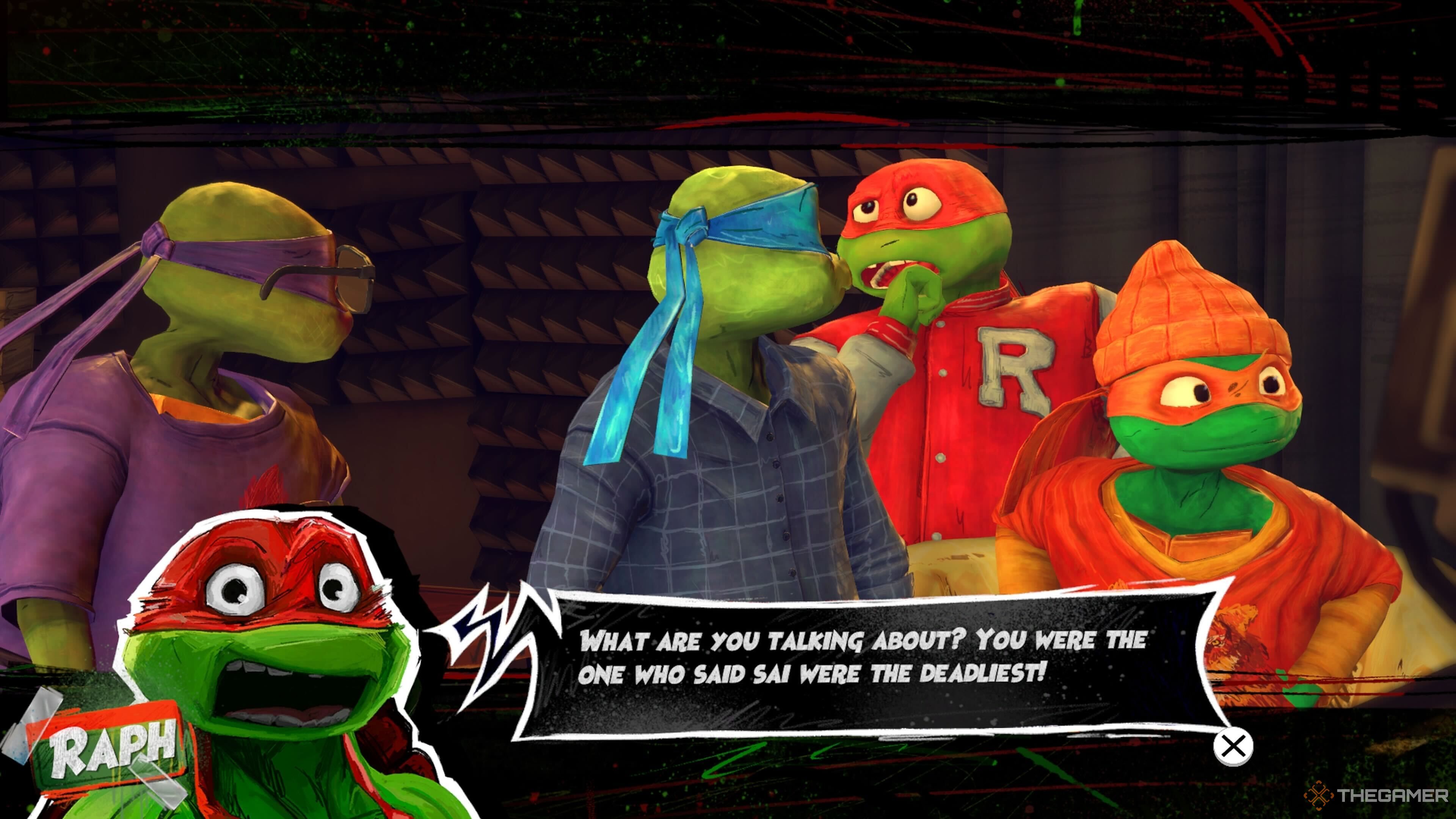 Raph arguing that he doesn't have the worst weapon in TMNT: Mutants Unleashed.