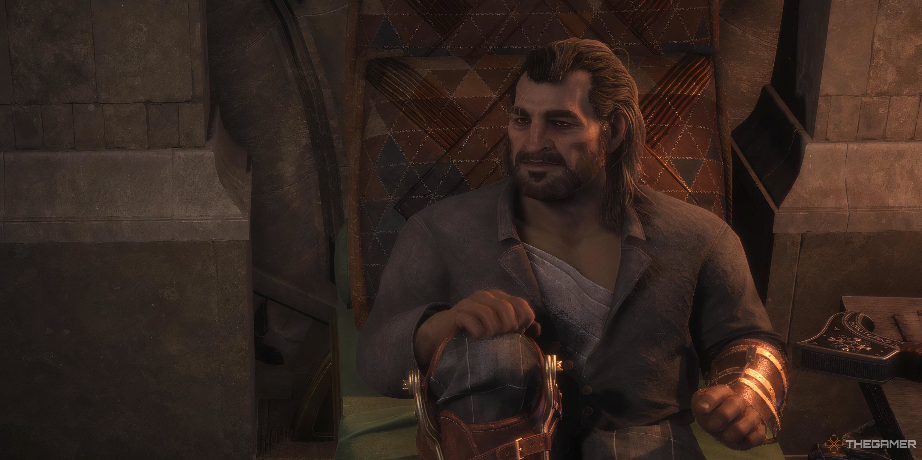 Varric sitting down in Dragon Age: The Veilguard.