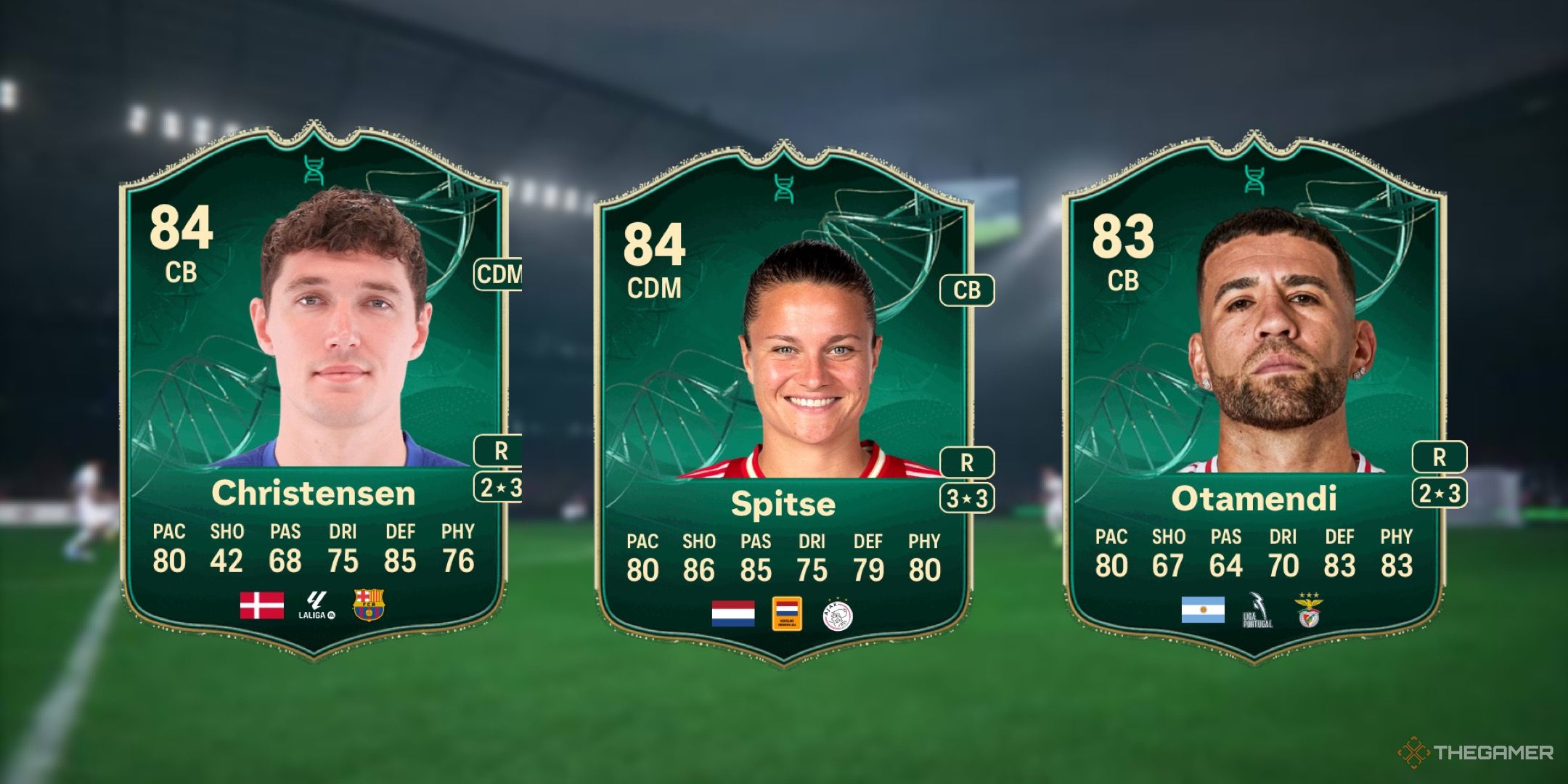 Image showing Christensen, Spitse, and Otamendi card against a faded pitch background.