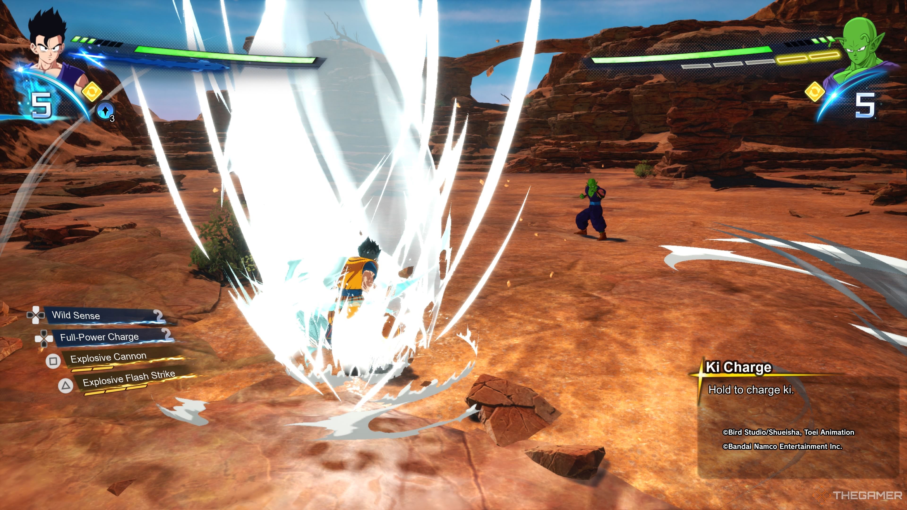 Gohan charges his ki during a Battle Training lesson with Piccolo at the Rocky Lands in Dragon Ball: Sparking Zero.