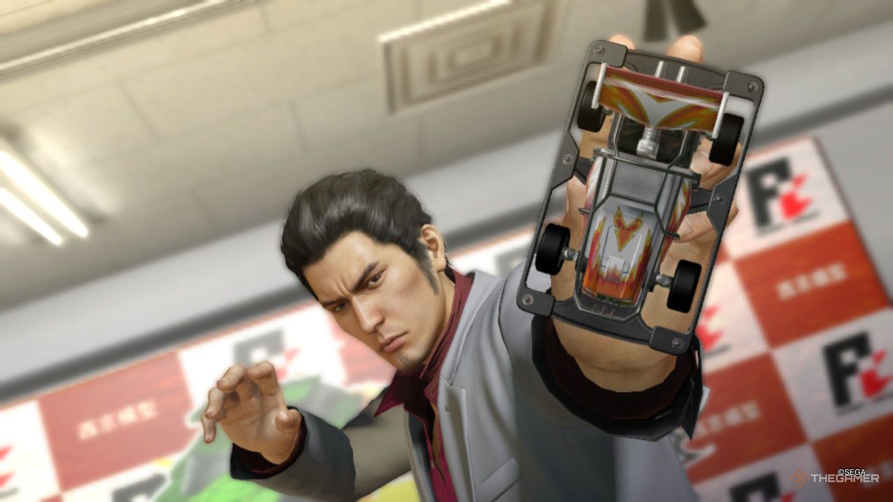 Kiryu with a pocket circuit car in Yakuza Kiwami.