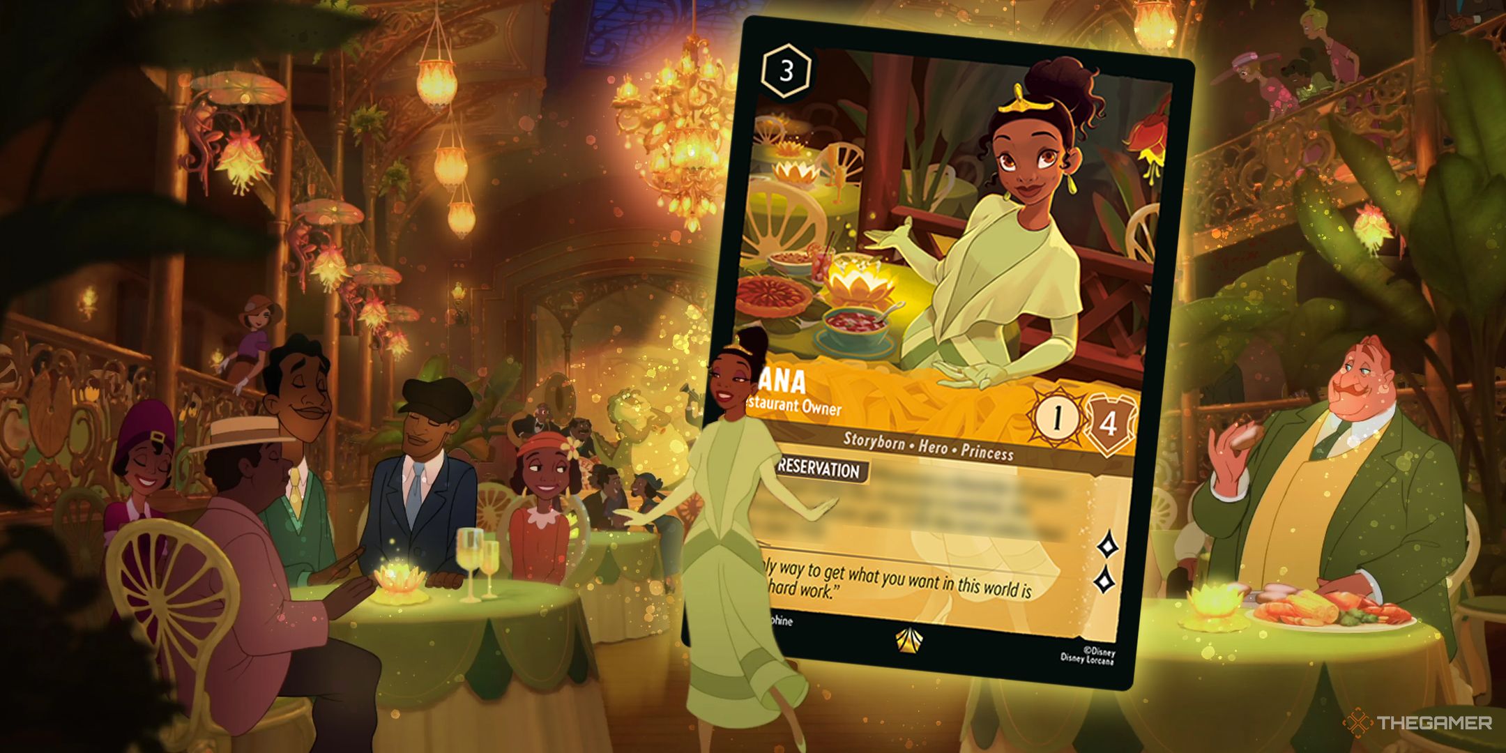 Lorcana Tiana Reveal, showing the Lorcana card in Tiana's restaurant.