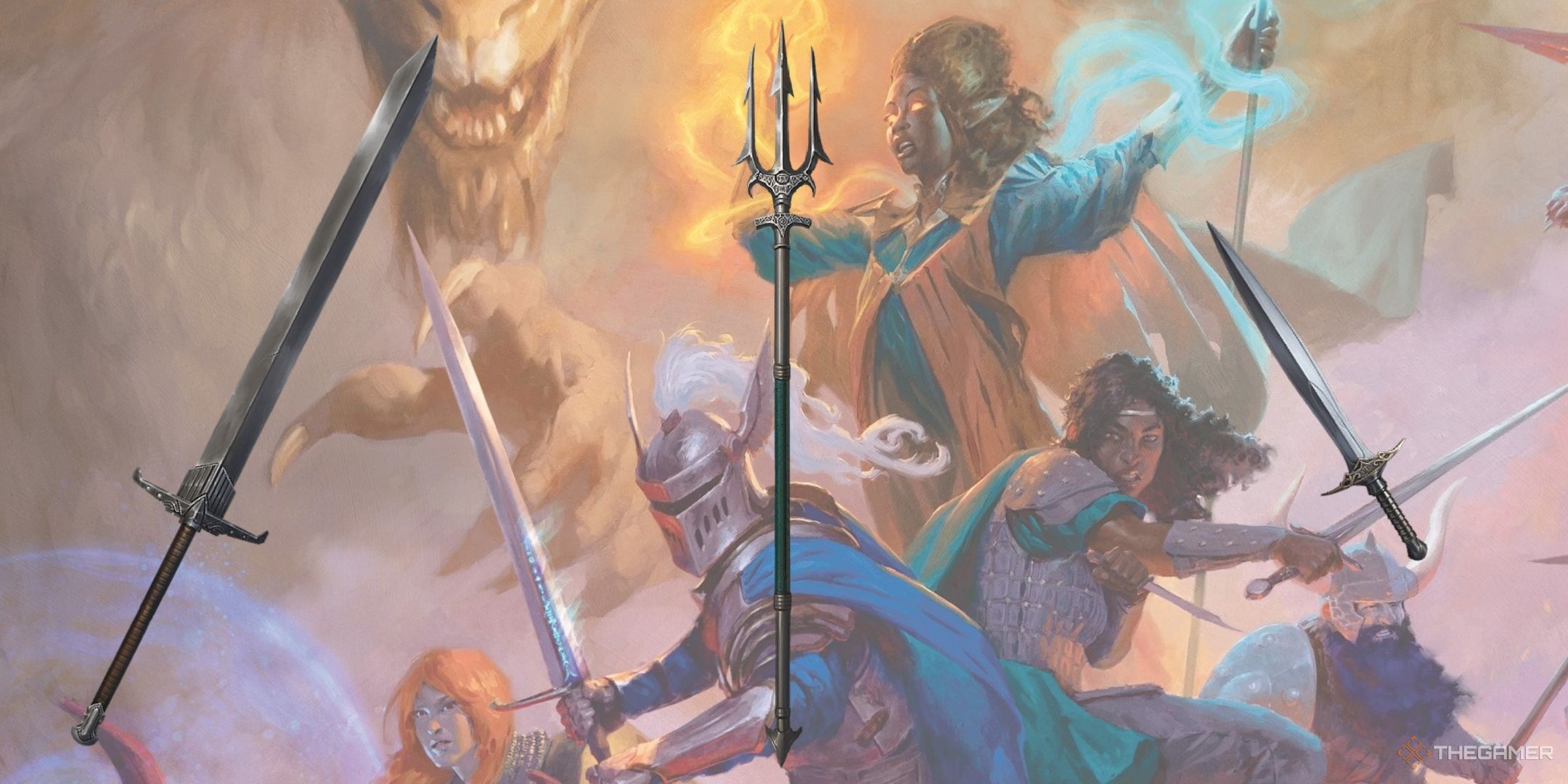 Three martial weapons over Dungeons & Dragons art.